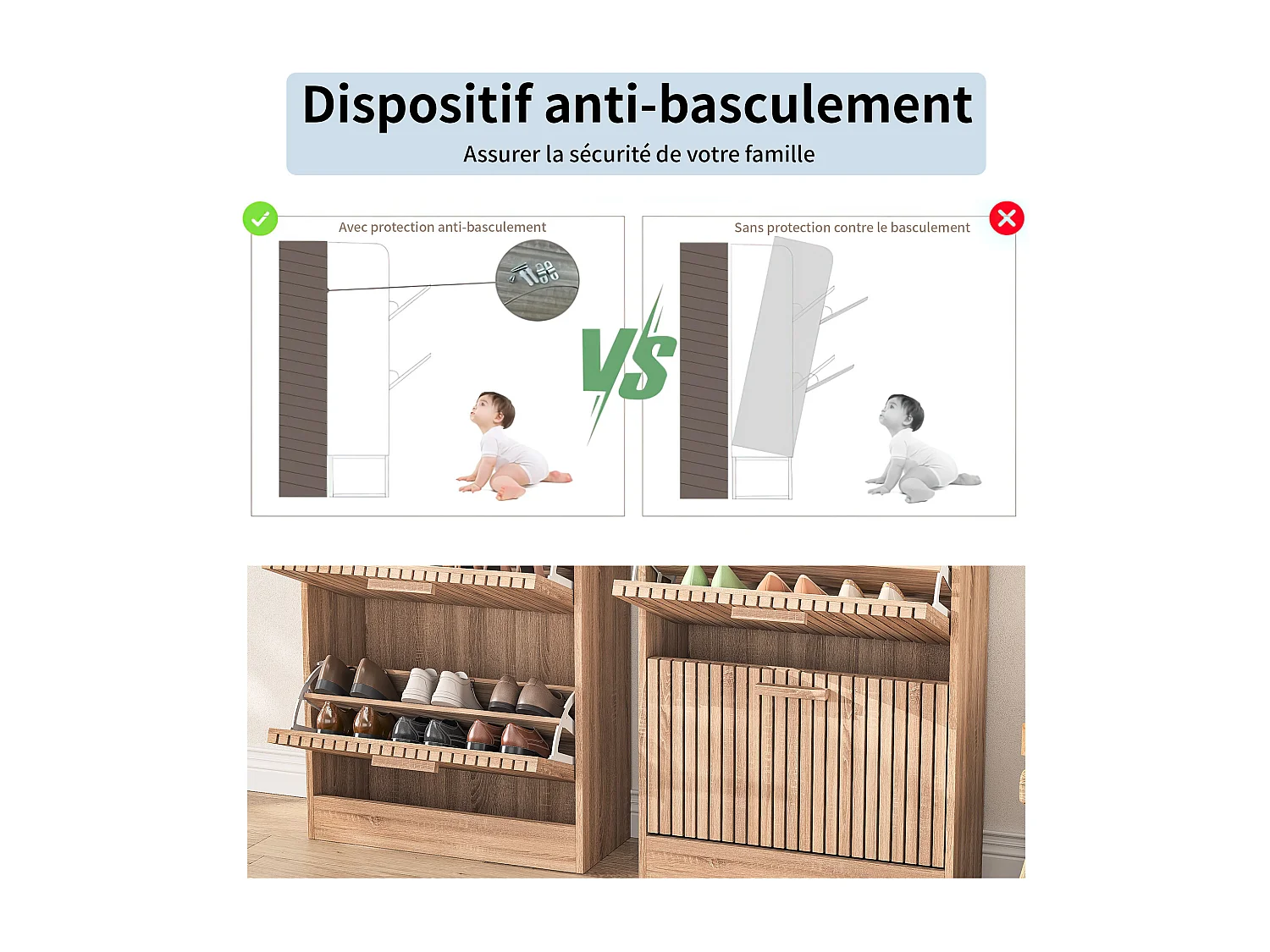 Meuble à Chaussures Slim en Bois Naturel - Armoire à Chaussures avec 3 Portes - avec Dispositif Anti-basculement, 60x24x113cm