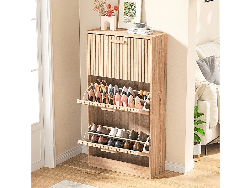 Meuble Chaussure Bois Rangement Placard 3 Portes Abattants Grande Capacité Aspect Bois, 60x24x113cm