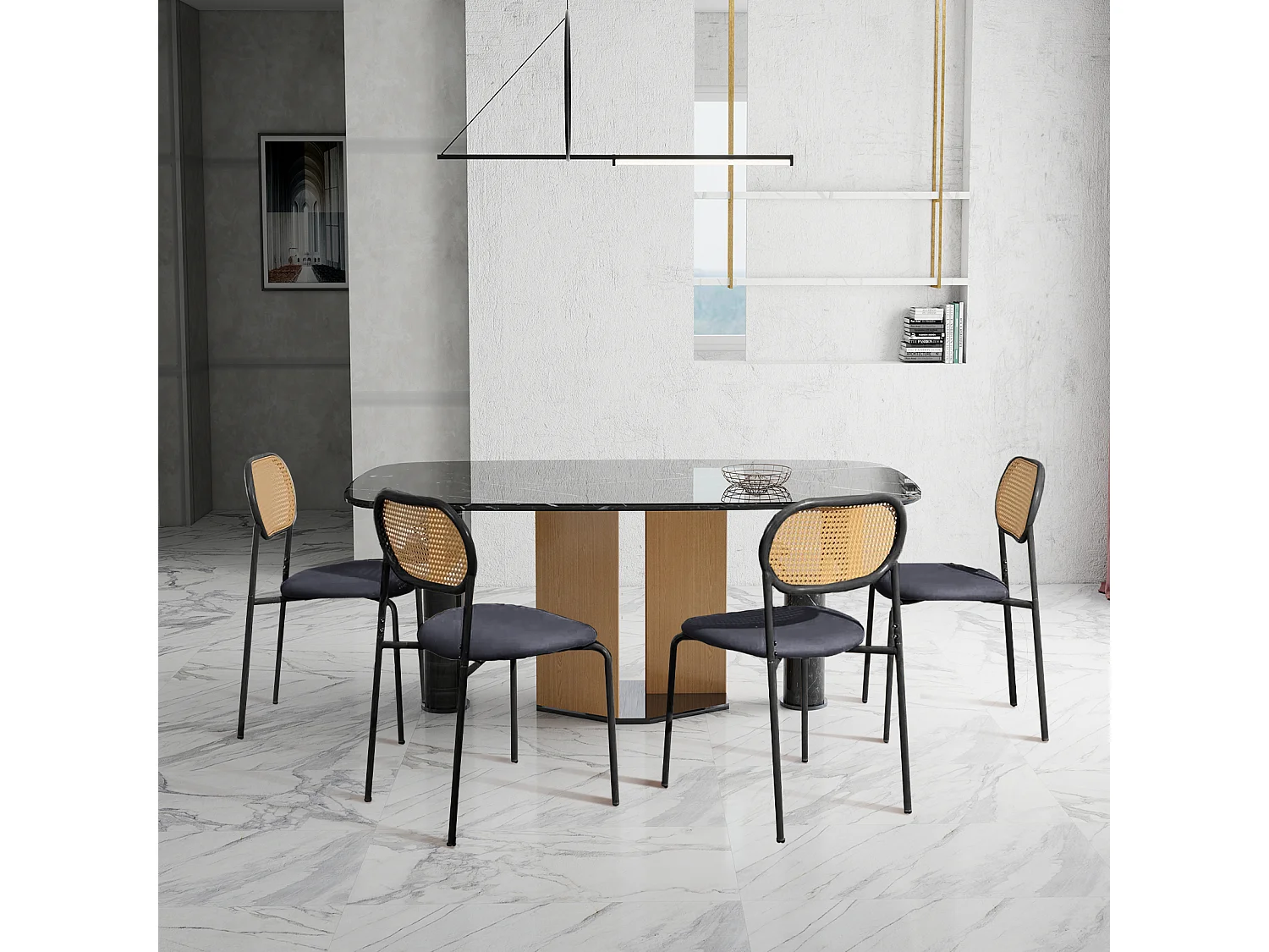 Lot de 2 chaises de salle à manger rembourrées avec dossier en rotin, cadre en métal, couleur noir