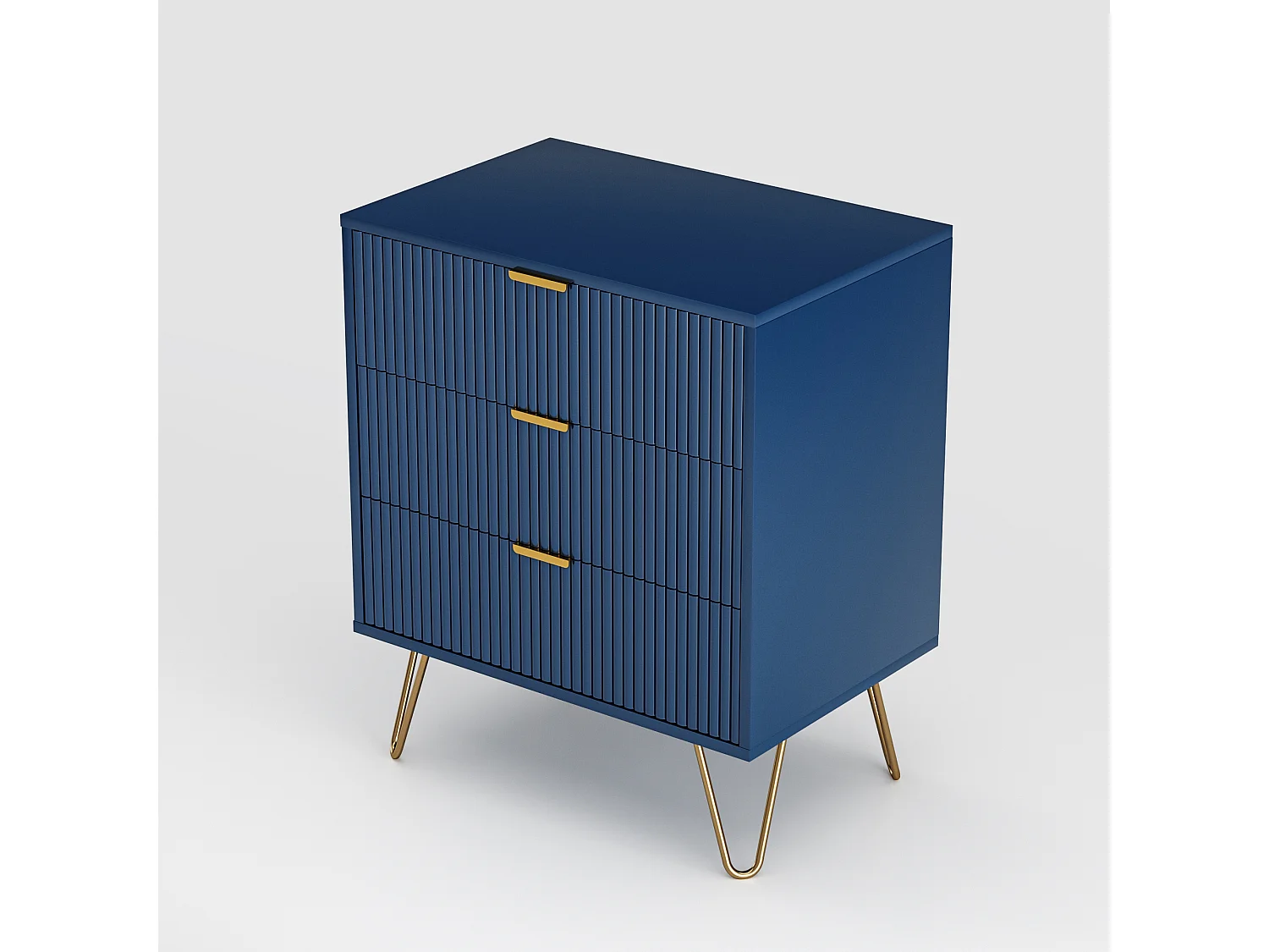 Mesita de noche de madera con 3 cajones y patas de metal, 60 x 40 x 70 cm, color azul marino