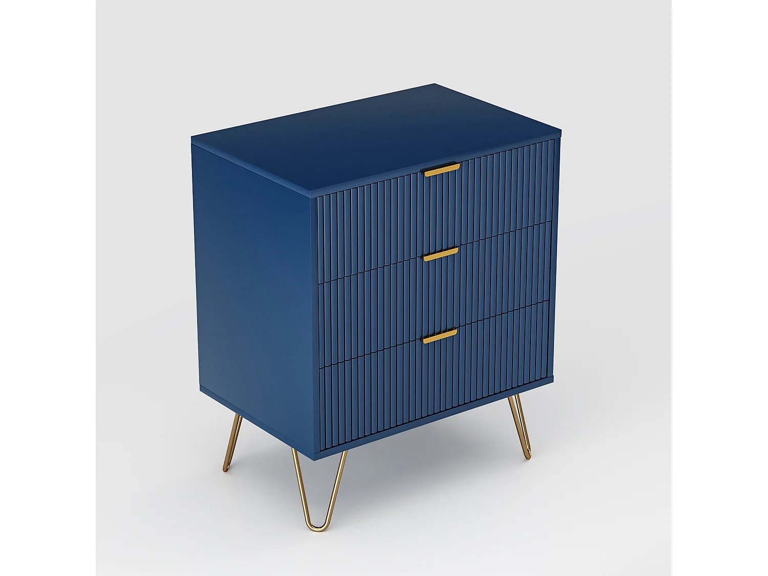 Mesita de noche de madera con 3 cajones y patas de metal, 60 x 40 x 70 cm, color azul marino