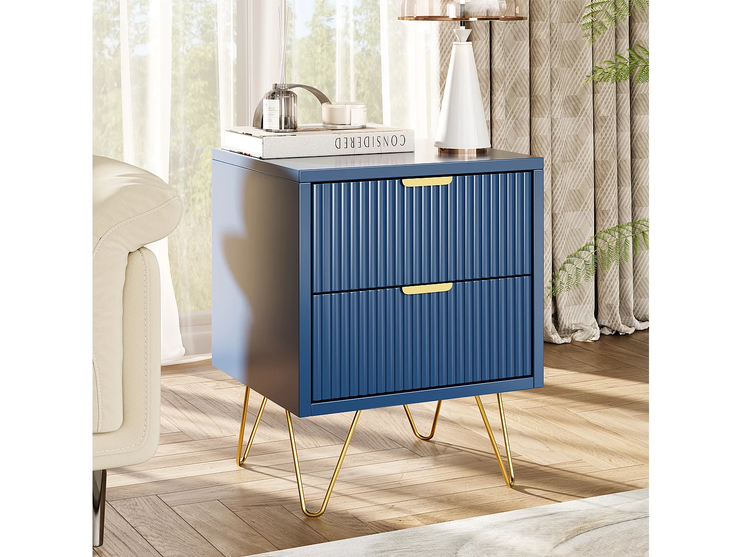 Table de Chevet, Commode à 2 tiroirs, table de Nuit avec Pieds en Métal, Bleu foncé