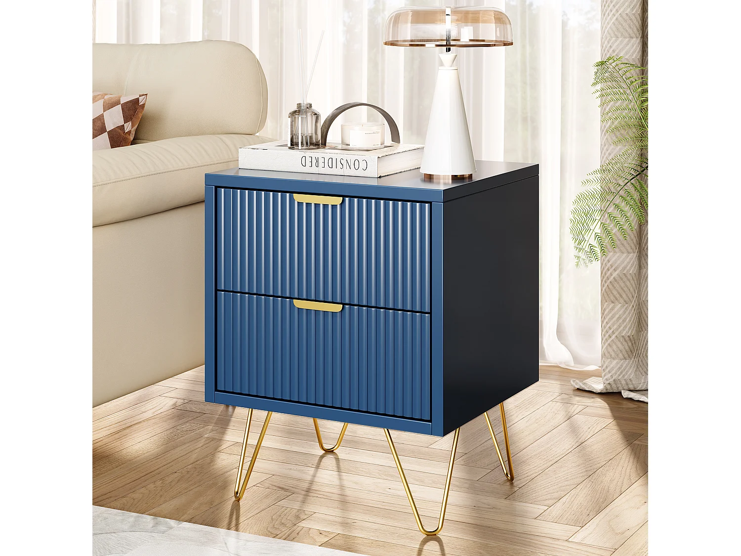 Table de Chevet, Commode à 2 tiroirs, table de Nuit avec Pieds en Métal, Bleu foncé