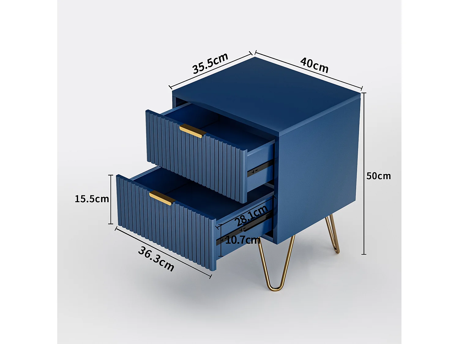 Table de Chevet, Commode à 2 tiroirs, table de Nuit avec Pieds en Métal, Bleu foncé