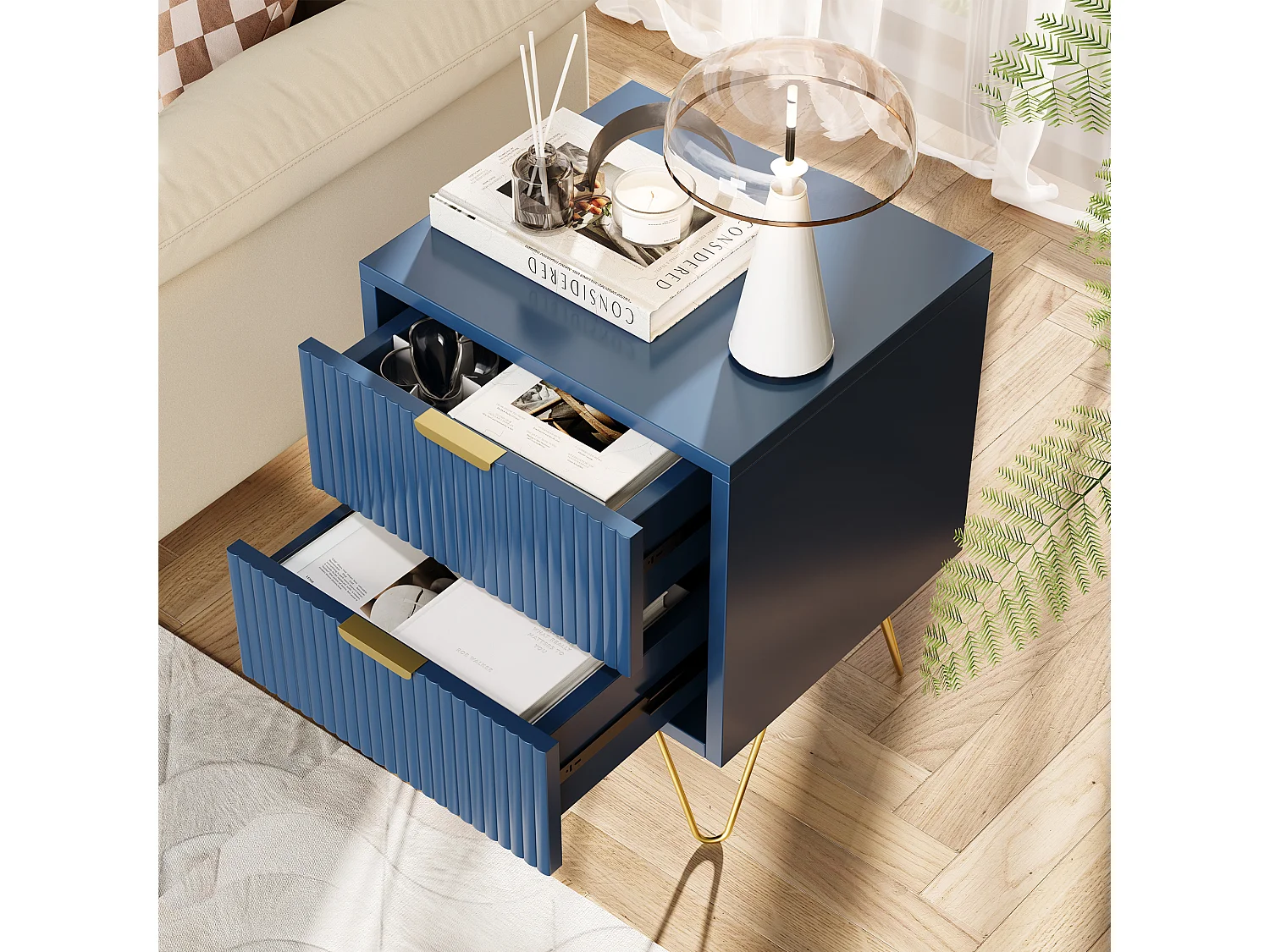 Table de Chevet, Commode à 2 tiroirs, table de Nuit avec Pieds en Métal, Bleu foncé