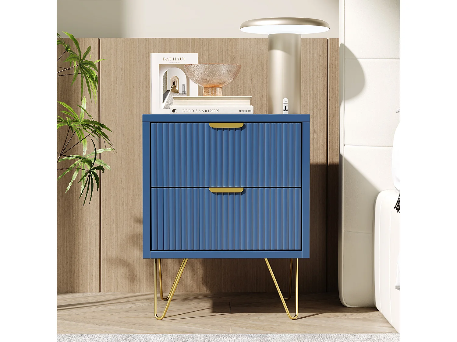 Table de Chevet, Commode à 2 tiroirs, table de Nuit avec Pieds en Métal, Bleu foncé