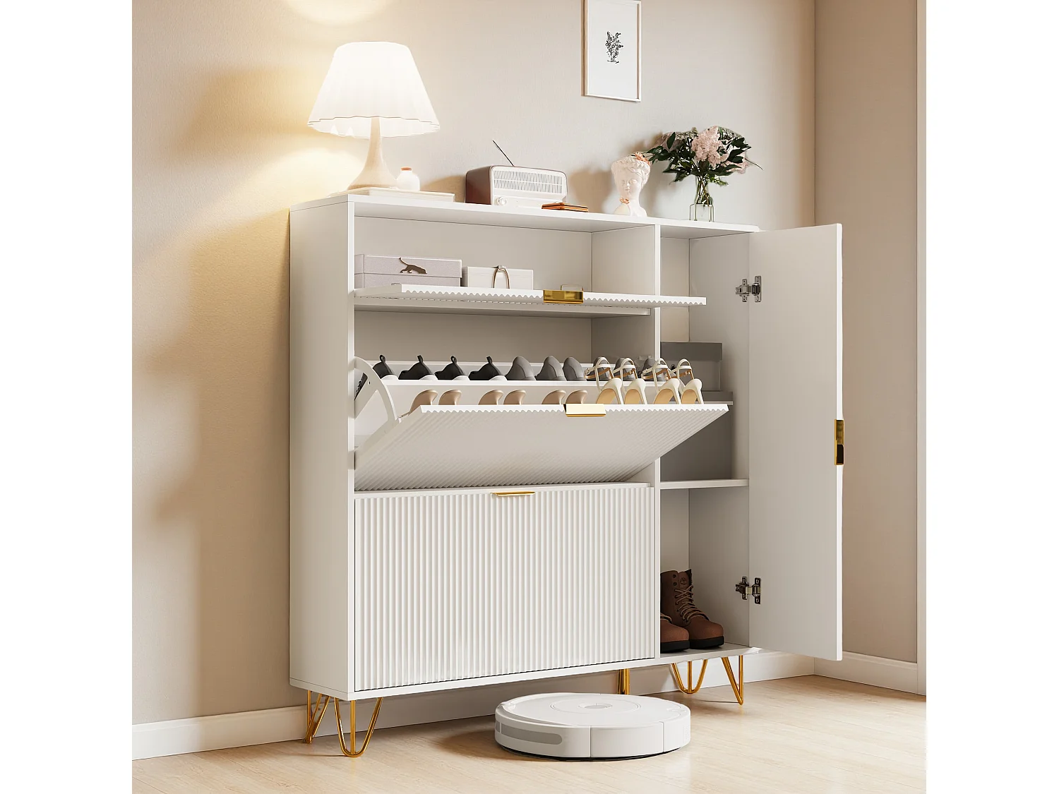 Meuble Chaussure Bois, Meuble Cannage avec 3 Tiroirs Rabattables et 1 Armoire latérale, Meuble à Chaussures Pieds et poignées en métal, 110 x 111.5 x 24 cm, Blanc