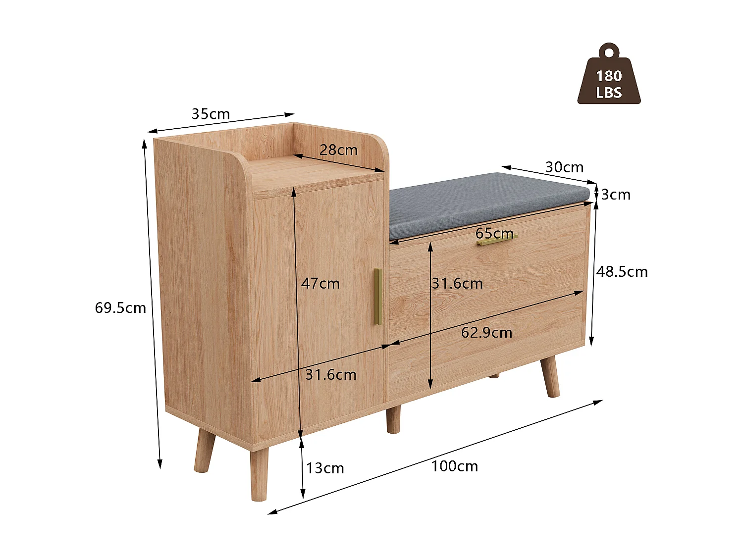 Banc Chaussures Entrée, Armoires à chaussures avec Rangement et Siège Rembourré, 100 x 30 x 69,5 cm