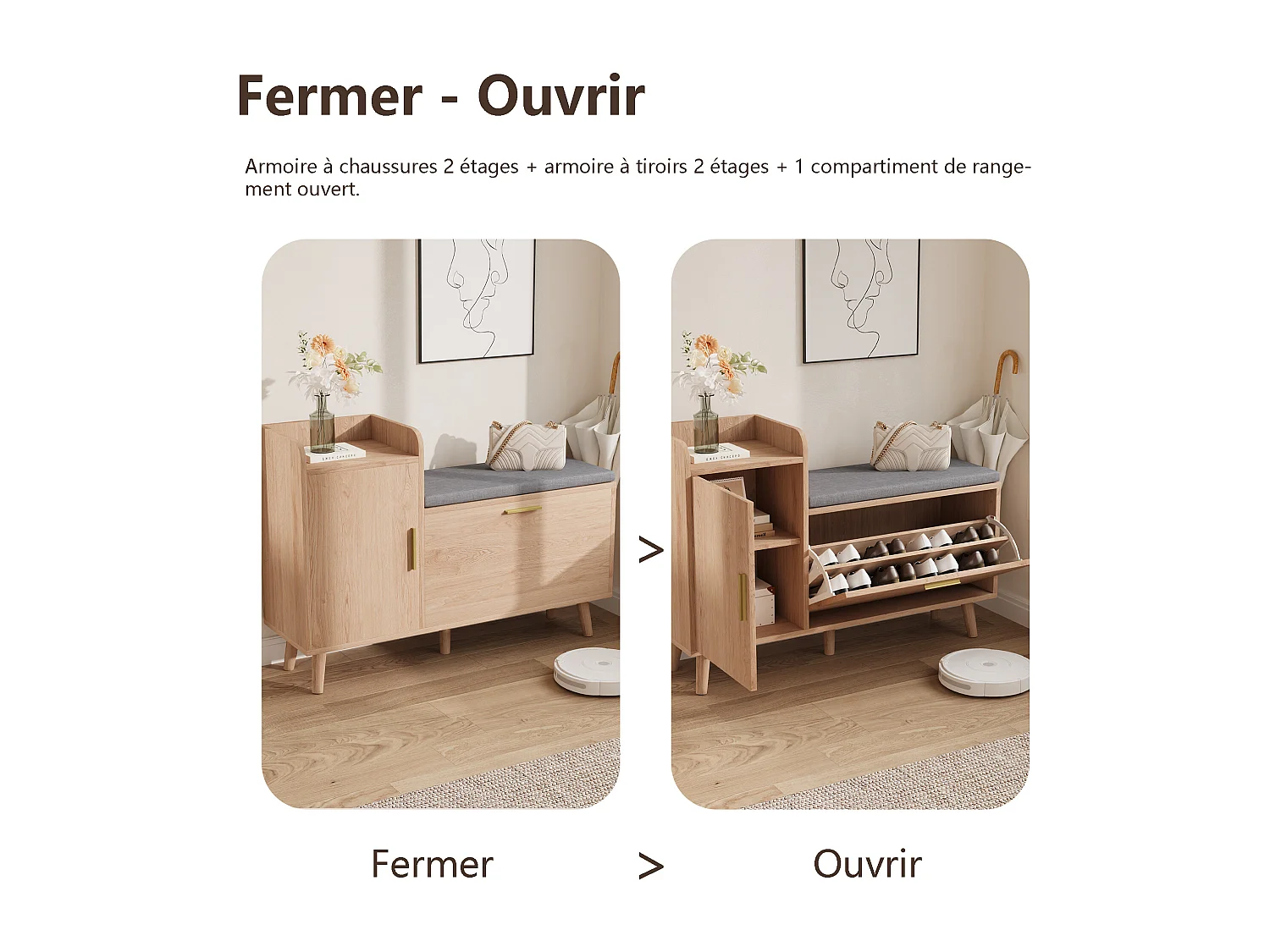 Banc Chaussures Entrée, Armoires à chaussures avec Rangement et Siège Rembourré, 100 x 30 x 69,5 cm