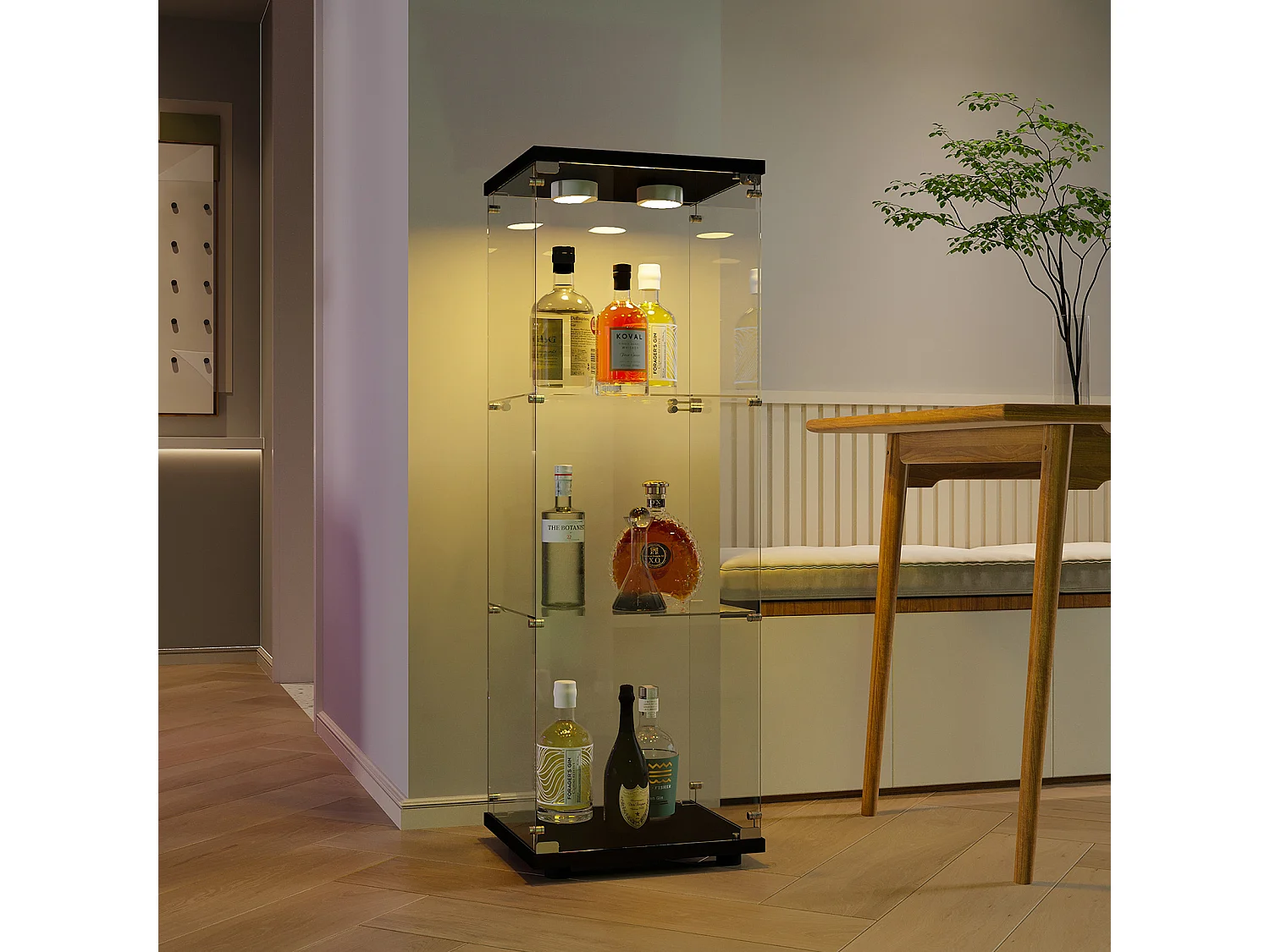 Vitrine sur pied en verre, 125 cm, avec LED, serrure, 1 porte 3 couches, transparente, noir