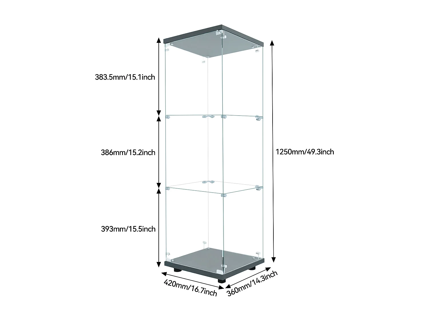 Vitrine sur pied en verre, 125 cm, avec LED, serrure, 1 porte 3 couches, transparente, noir