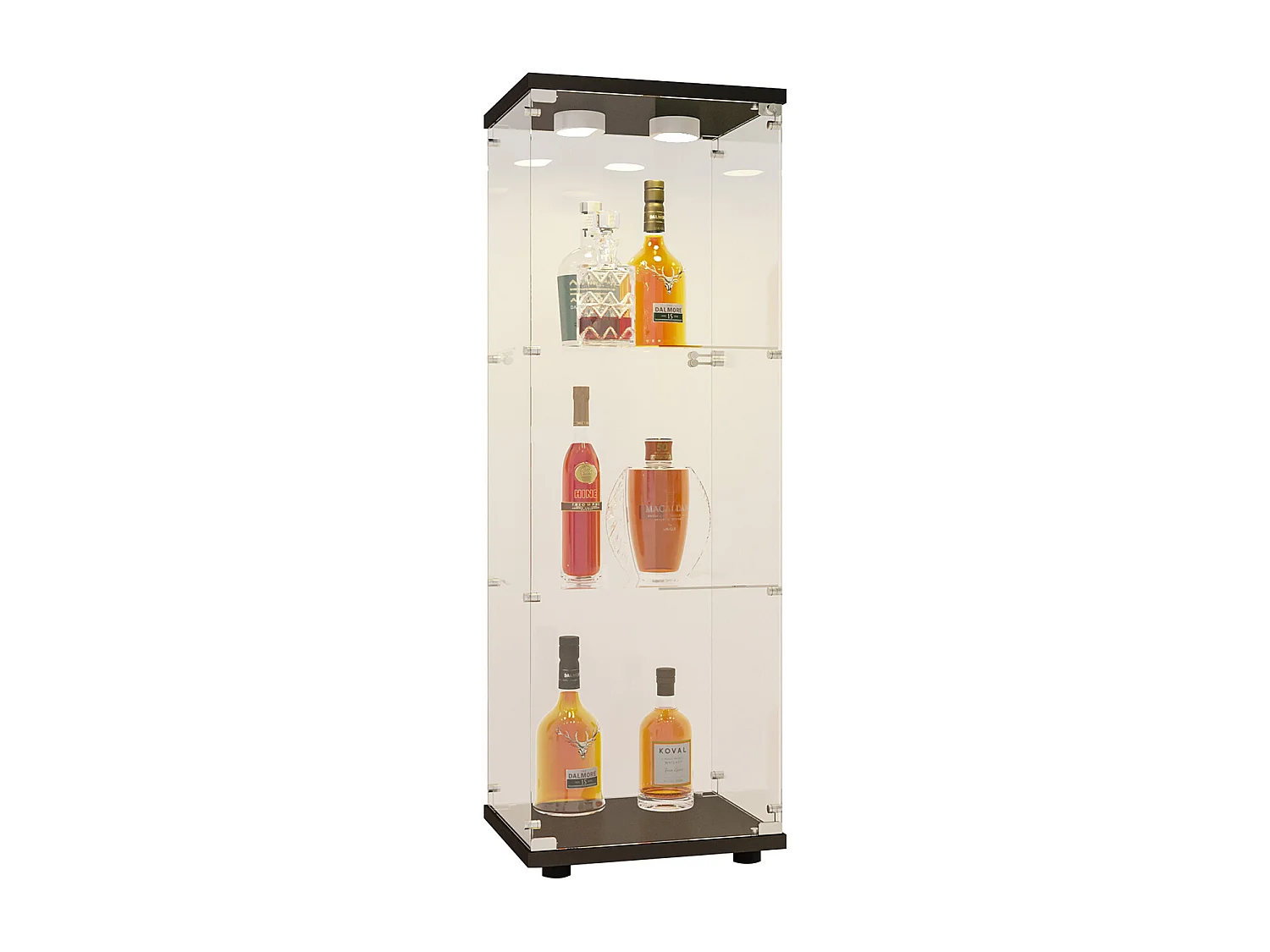 Vitrine sur pied en verre, 125 cm, avec LED, serrure, 1 porte 3 couches, transparente, noir