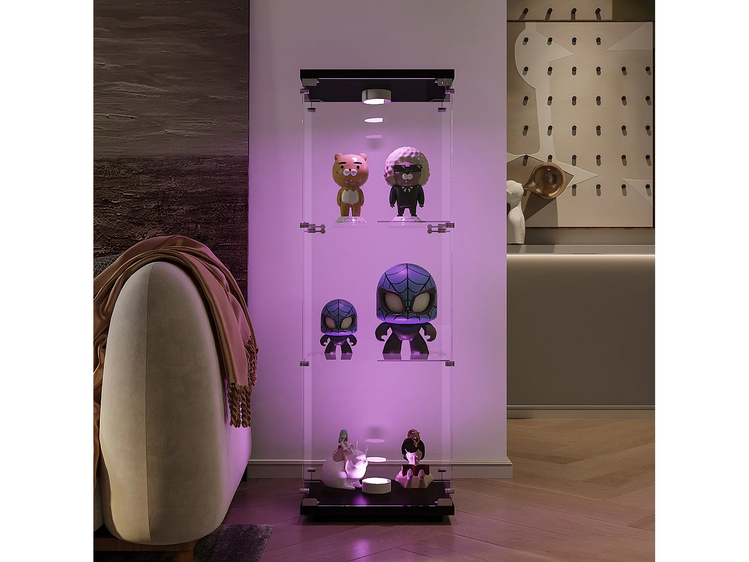 Vitrine sur pied en verre, 125 cm, avec LED, serrure, 1 porte 3 couches, transparente, noir