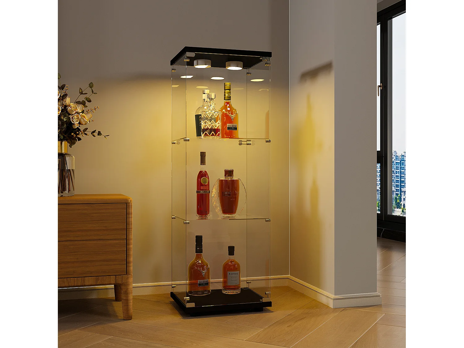 Vitrine sur pied en verre, 125 cm, avec LED, serrure, 1 porte 3 couches, transparente, noir
