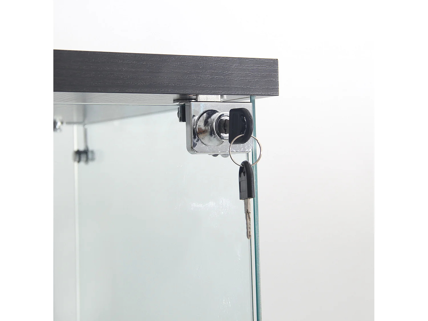 Vitrine sur pied en verre, 125 cm, avec LED, serrure, 1 porte 3 couches, transparente, noir