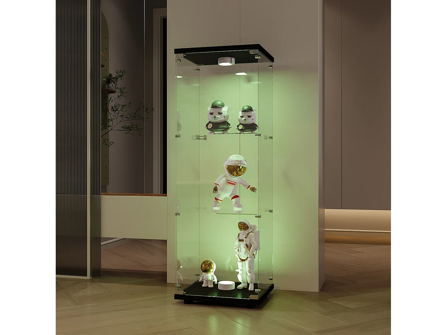 Vitrine sur pied en verre, 125 cm, avec LED, serrure, 1 porte 3 couches, transparente, noir