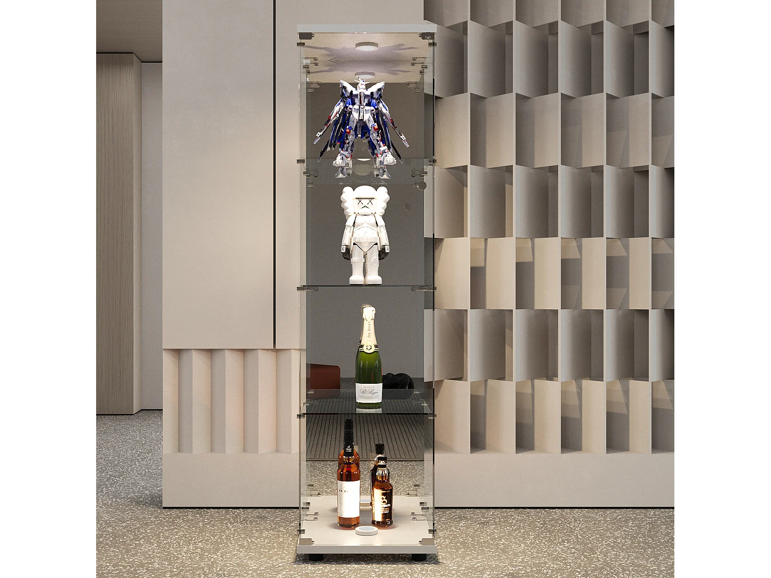 Vitrine en Verre, avec 1 Portes et Serrure, pour Salon, Blanc + Lumière + Miroir, 164x42.5x36.5 cm