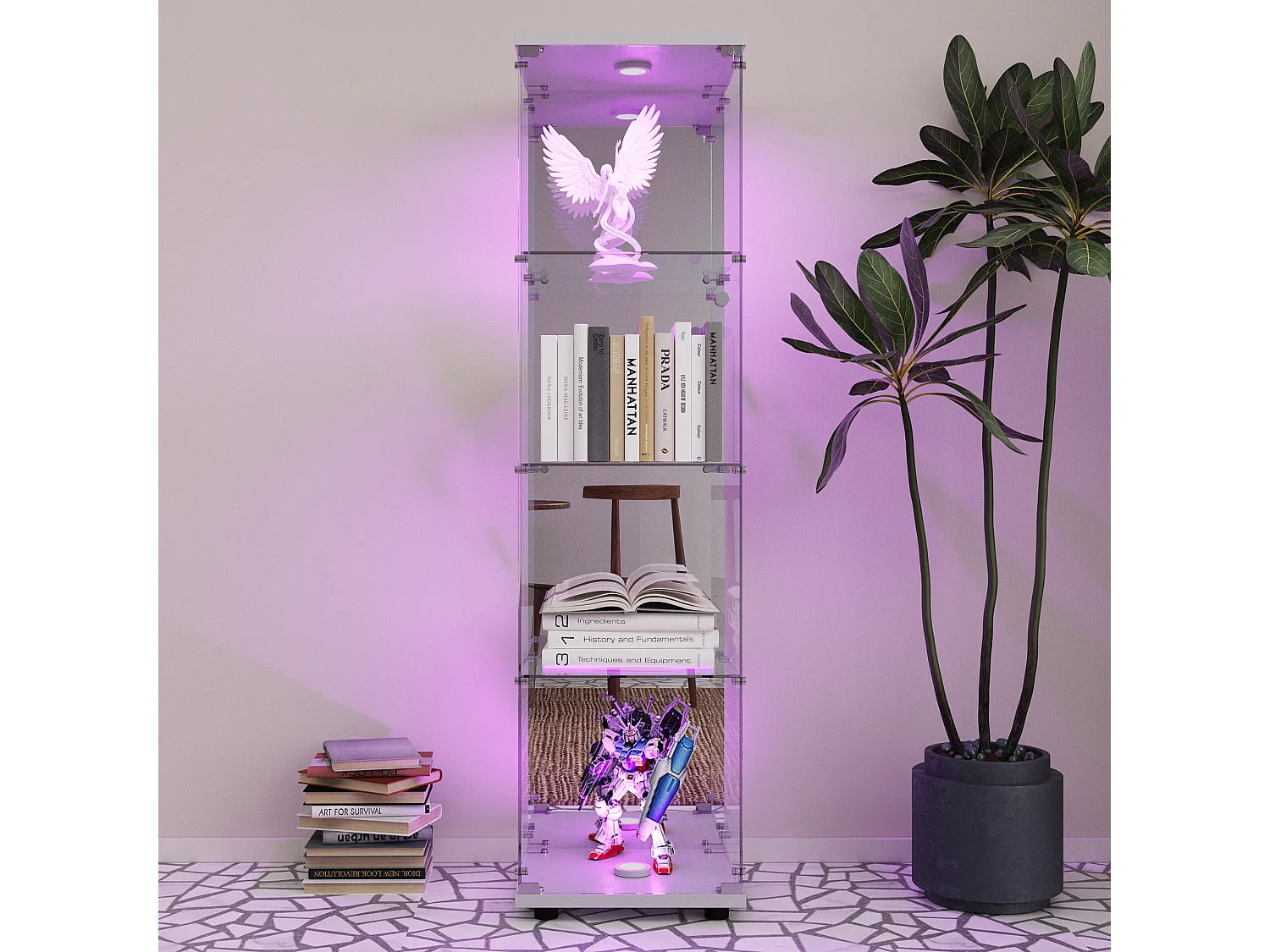 Vitrine en Verre, avec 1 Portes et Serrure, pour Salon, Blanc + Lumière + Miroir, 164x42.5x36.5 cm