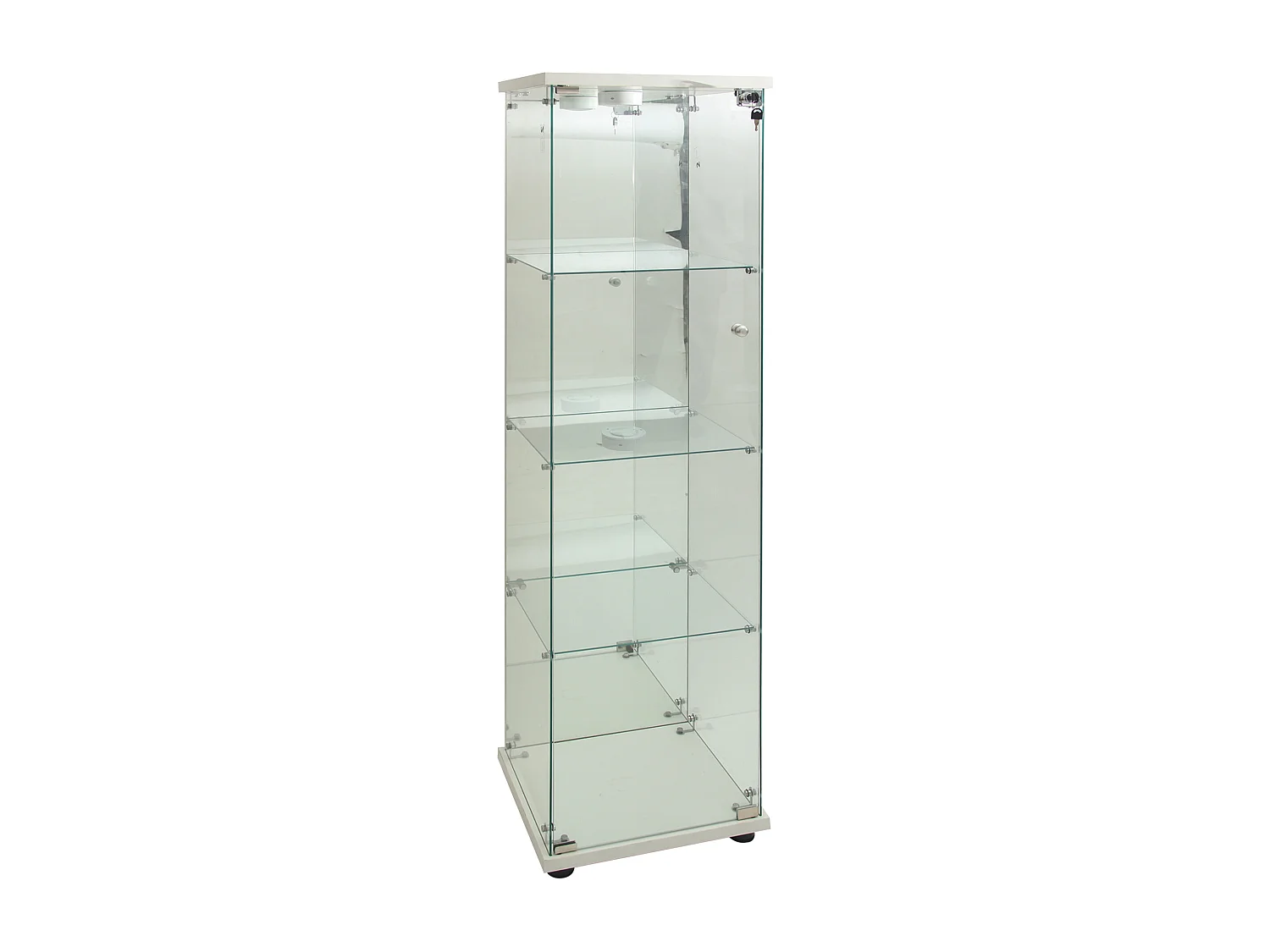 Vitrine en Verre, avec 1 Portes et Serrure, pour Salon, Blanc + Lumière + Miroir, 164x42.5x36.5 cm