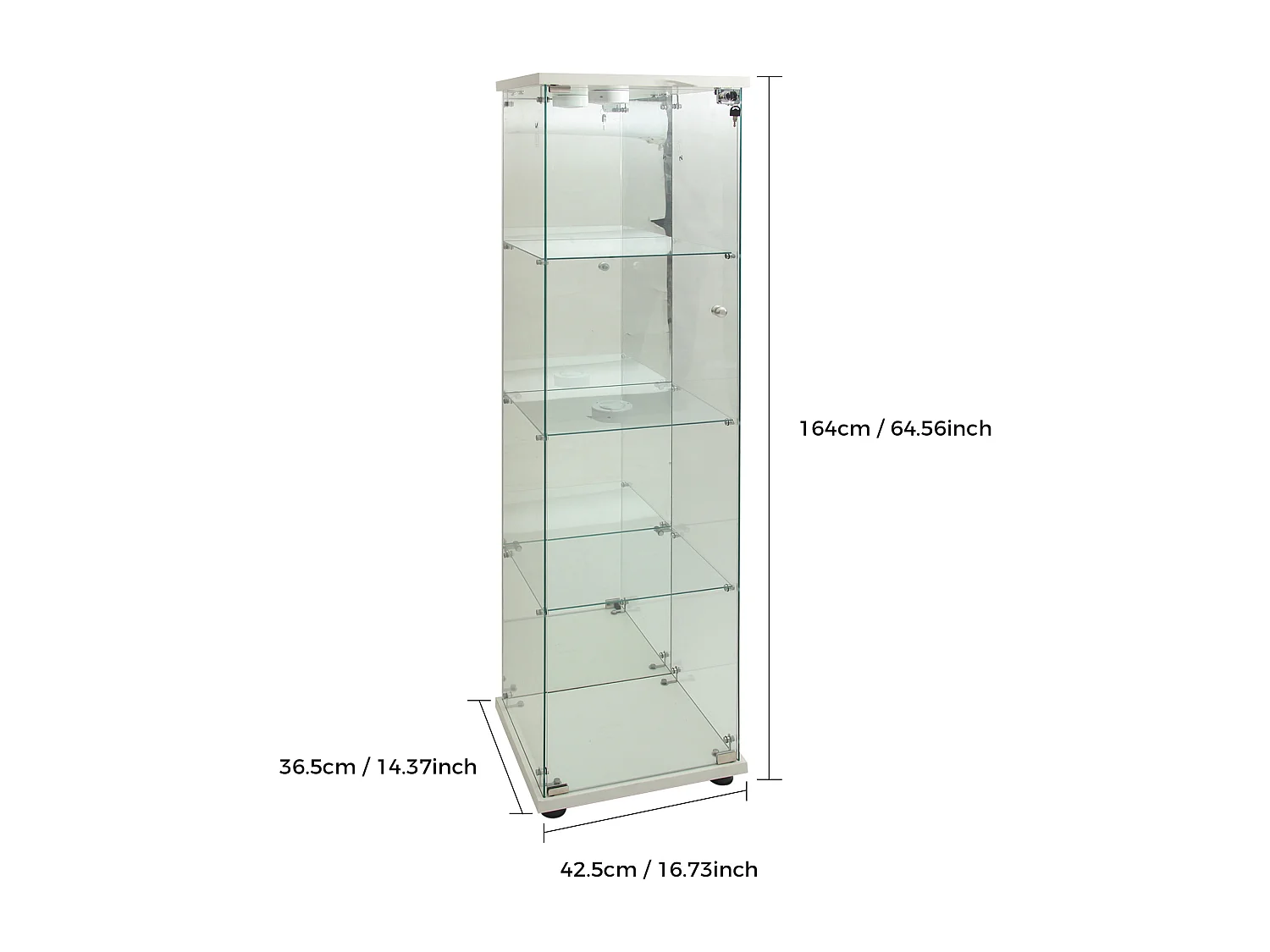 Vitrine en Verre, avec 1 Portes et Serrure, pour Salon, Blanc + Lumière + Miroir, 164x42.5x36.5 cm