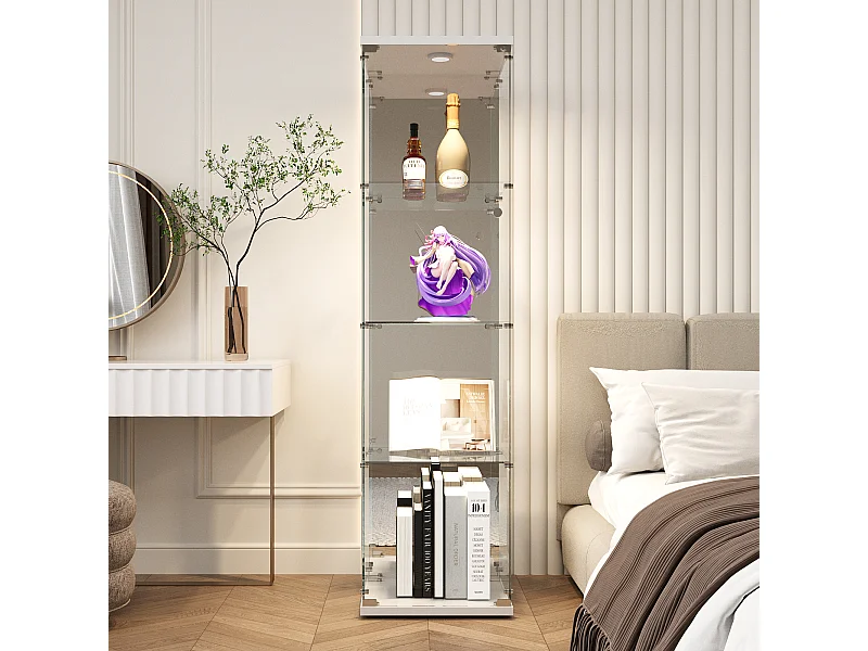 Vitrine en Verre, avec 1 Portes et Serrure, pour Salon, Blanc + Lumière + Miroir, 164x42.5x36.5 cm