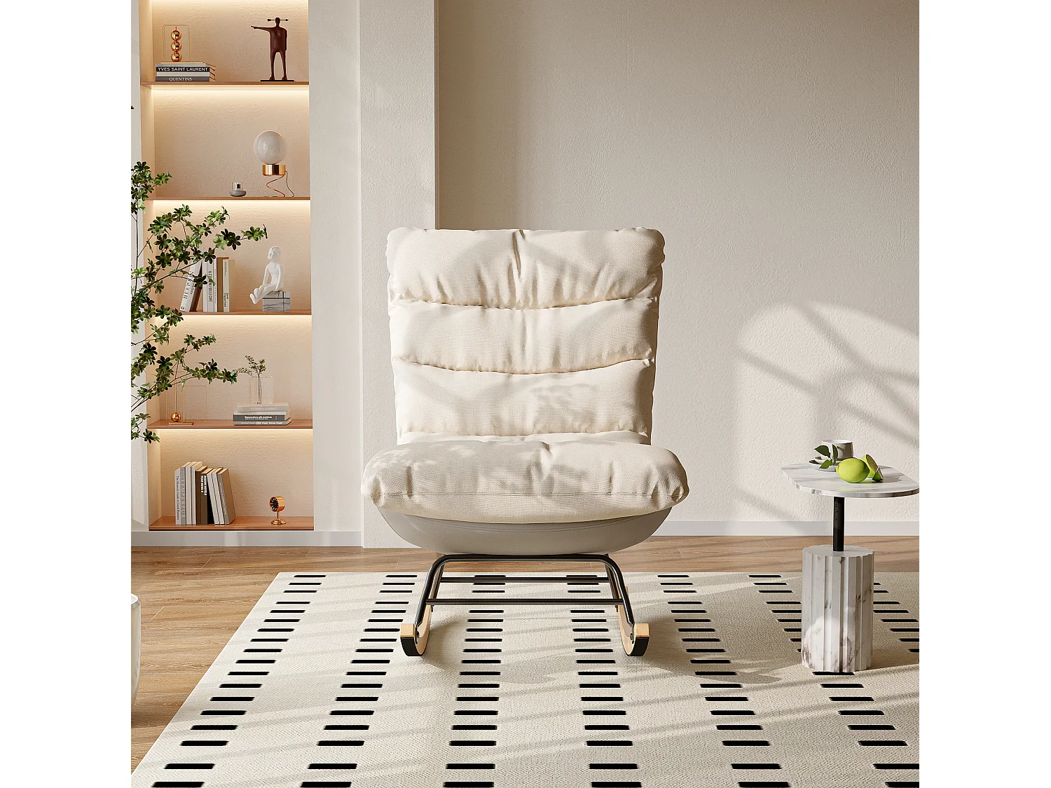 Gestoffeerde schommelstoel met hoge rugleuning en massief houten poten, voor woonkamer of slaapkamer, beige