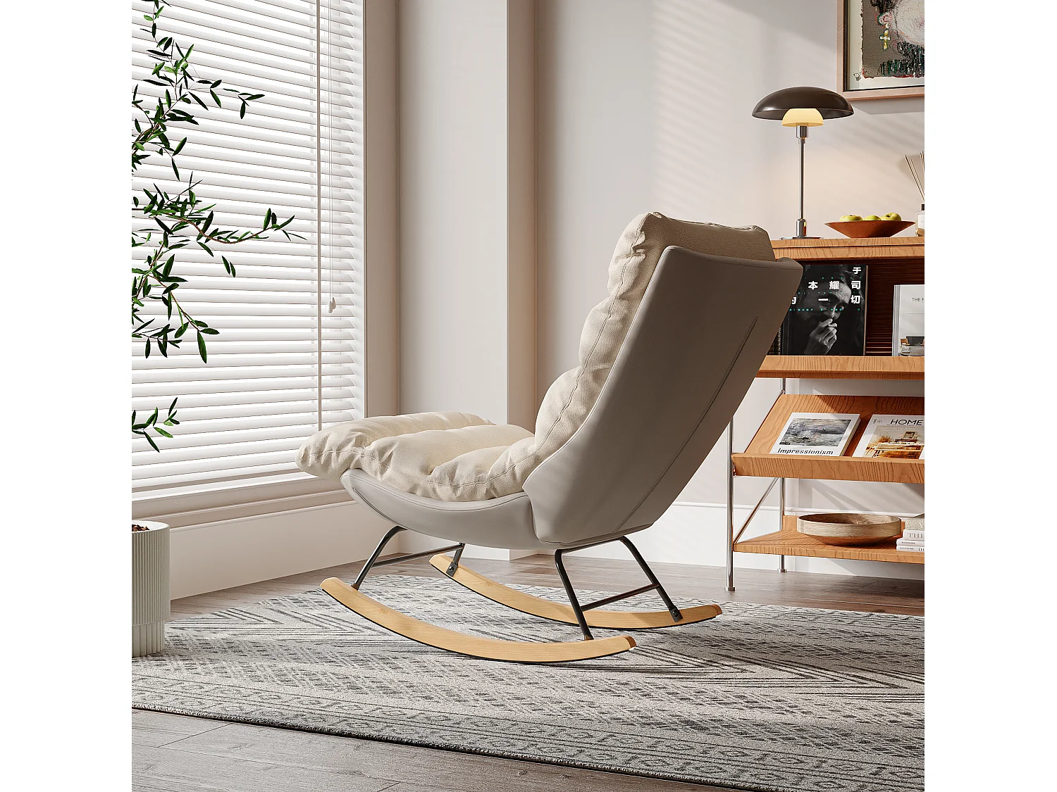 Gestoffeerde schommelstoel met hoge rugleuning en massief houten poten, voor woonkamer of slaapkamer, beige