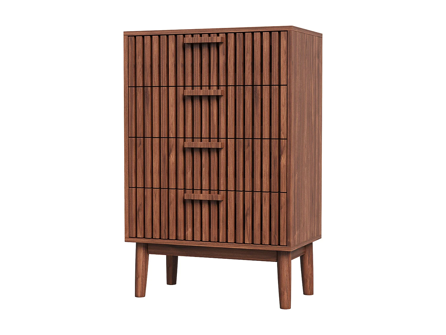 Commode à 4 tiroirs, avec poignée en bois et pieds de support,Couleur noyer, 60 x 34 x 91 cm