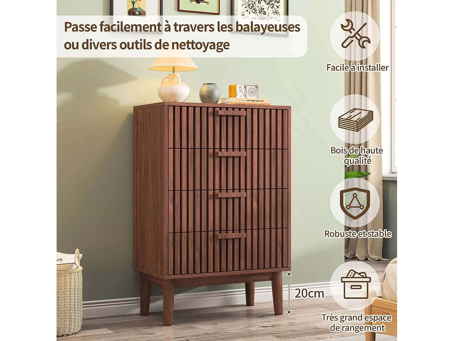 Commode à 4 tiroirs, avec poignée en bois et pieds de support,Couleur noyer, 60 x 34 x 91 cm