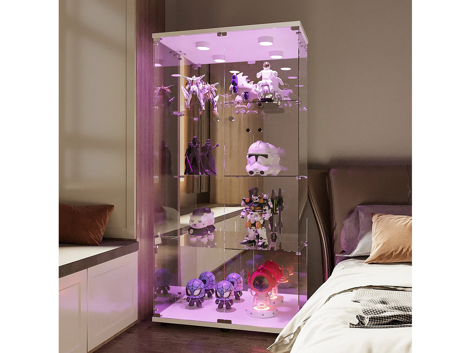Vitrine en Verre avec LED et Serrure, Armoire Vitrine Salon en Verre avec 2 Portes et Etagères,blanc