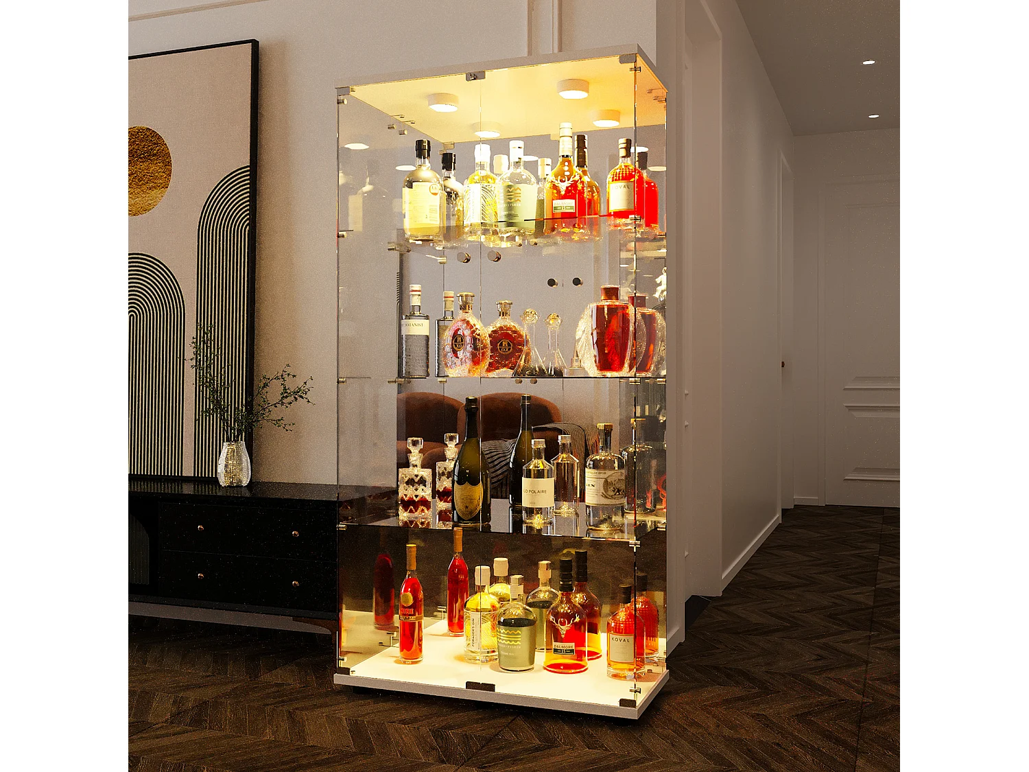 Vitrine en Verre avec LED et Serrure, Armoire Vitrine Salon en Verre avec 2 Portes et Etagères,blanc