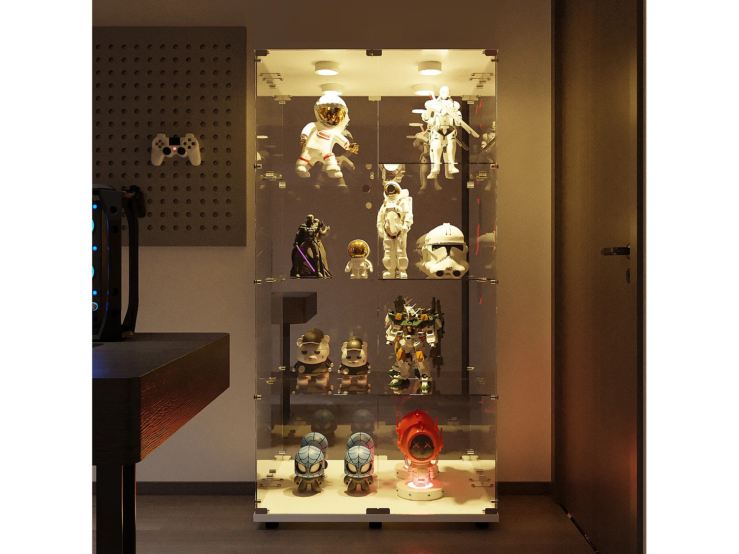 Vitrine en Verre avec LED et Serrure, Armoire Vitrine Salon en Verre avec 2 Portes et Etagères,blanc