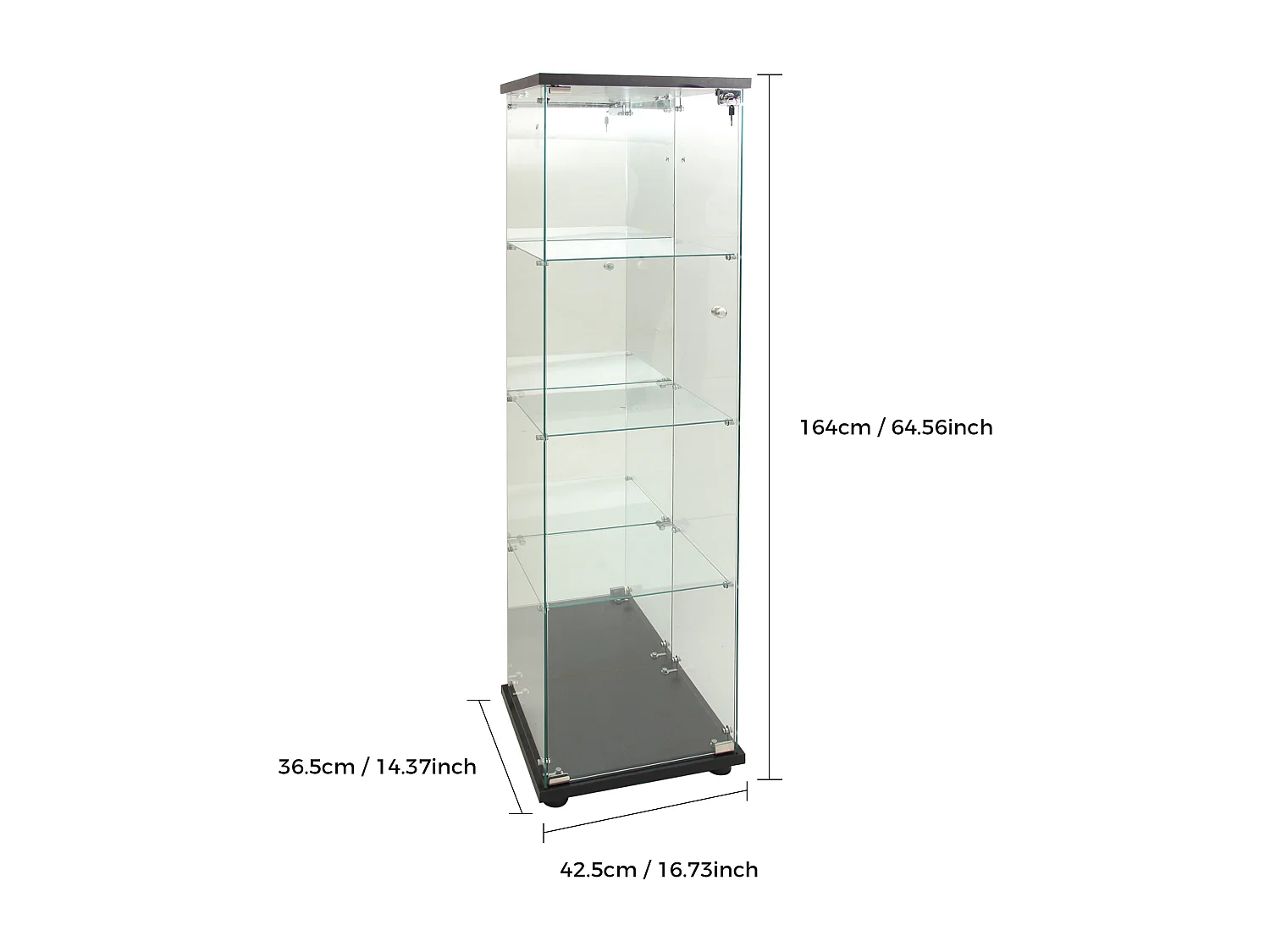 Vitrine en Verre, avec 1 Portes et Serrure, pour Salon, Noir + Lumière + Miroir, 164x42.5x36.5 cm