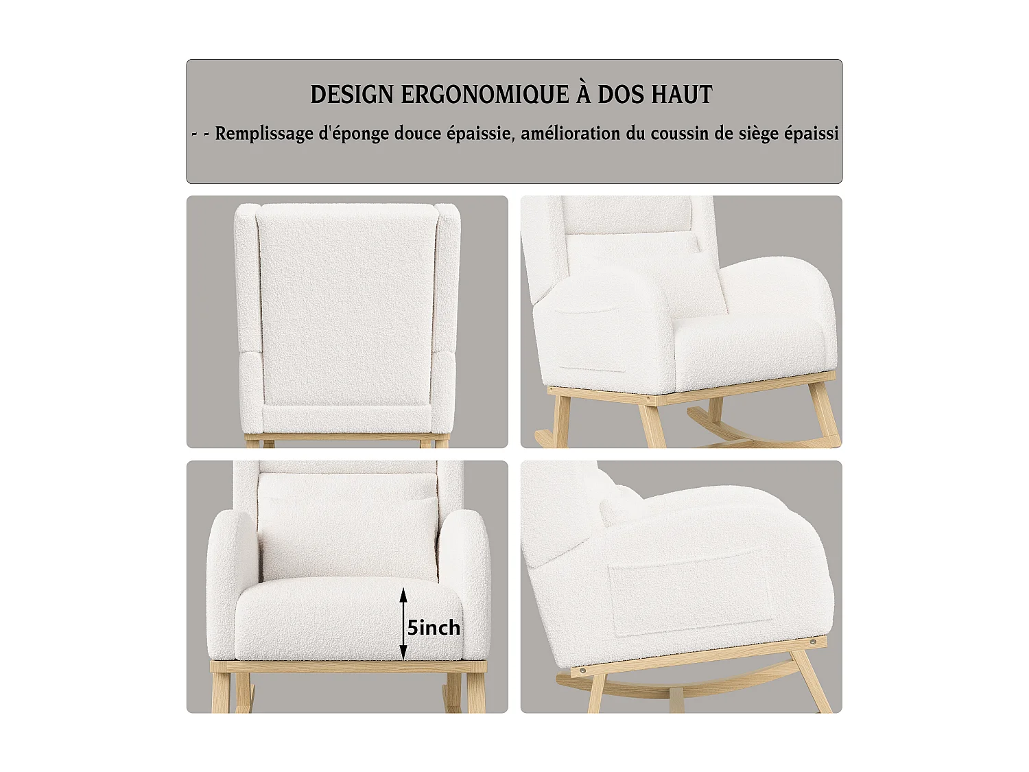 Schommelstoel, comfortabele schommelstoel met hoge rugleuning in Sherpa-stof, wit