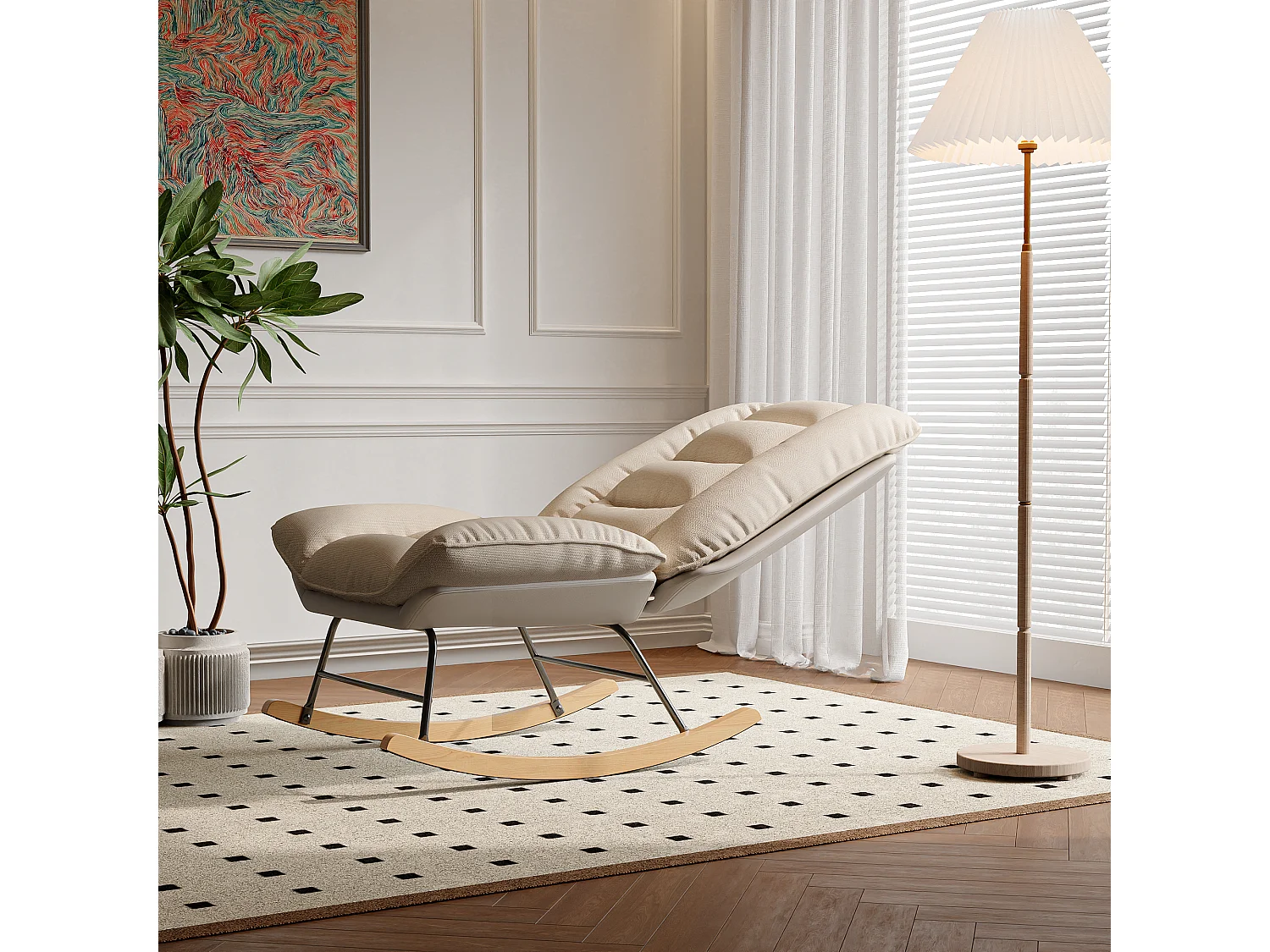 Schommelstoel, voedingsstoel, massief houten poten, voor de woonkamer, beige + grijs, 77x90x98 cm