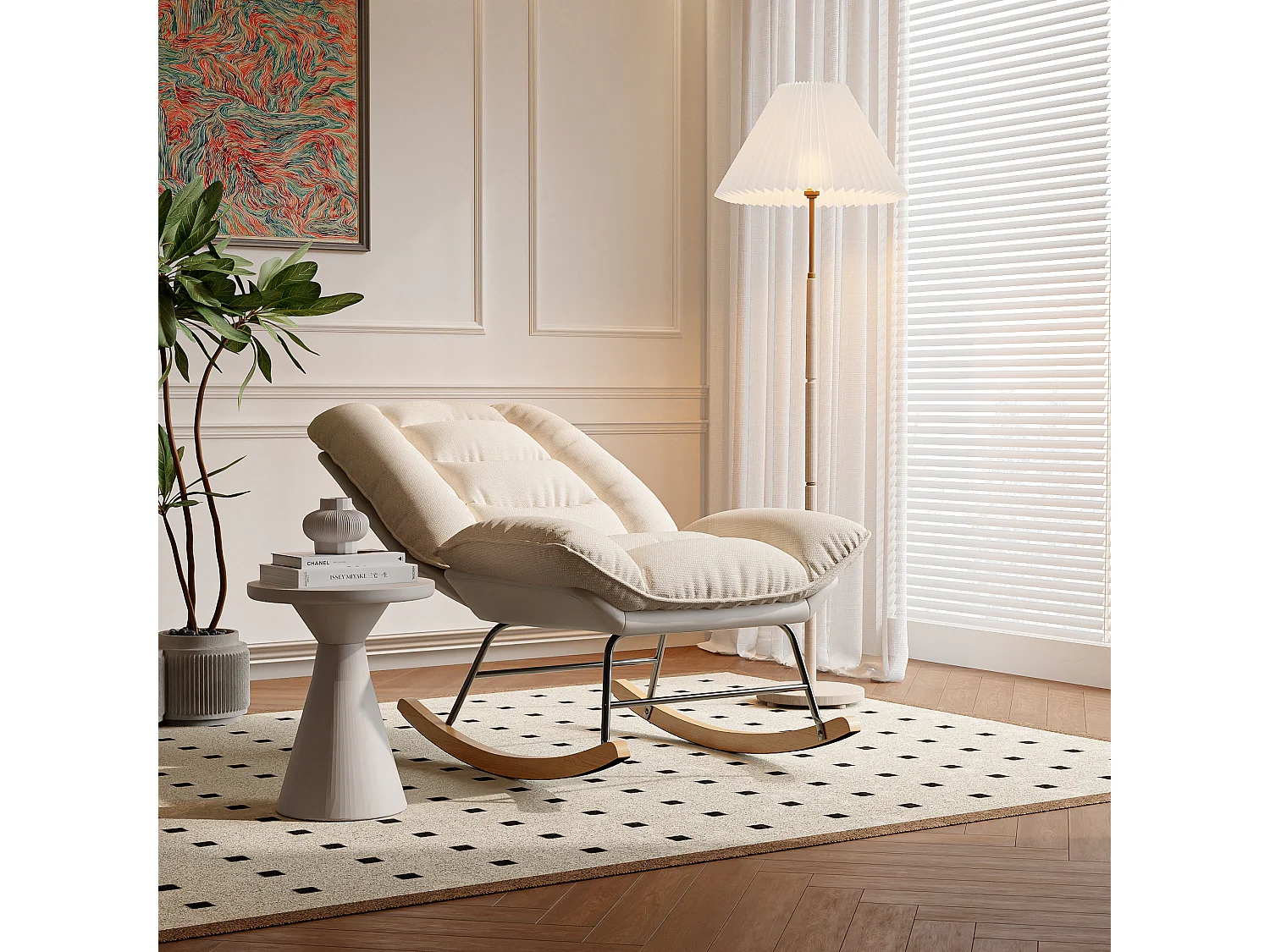 Schommelstoel, voedingsstoel, massief houten poten, voor de woonkamer, beige + grijs, 77x90x98 cm