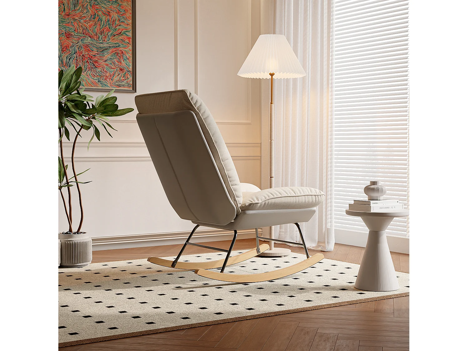 Schommelstoel, voedingsstoel, massief houten poten, voor de woonkamer, beige + grijs, 77x90x98 cm