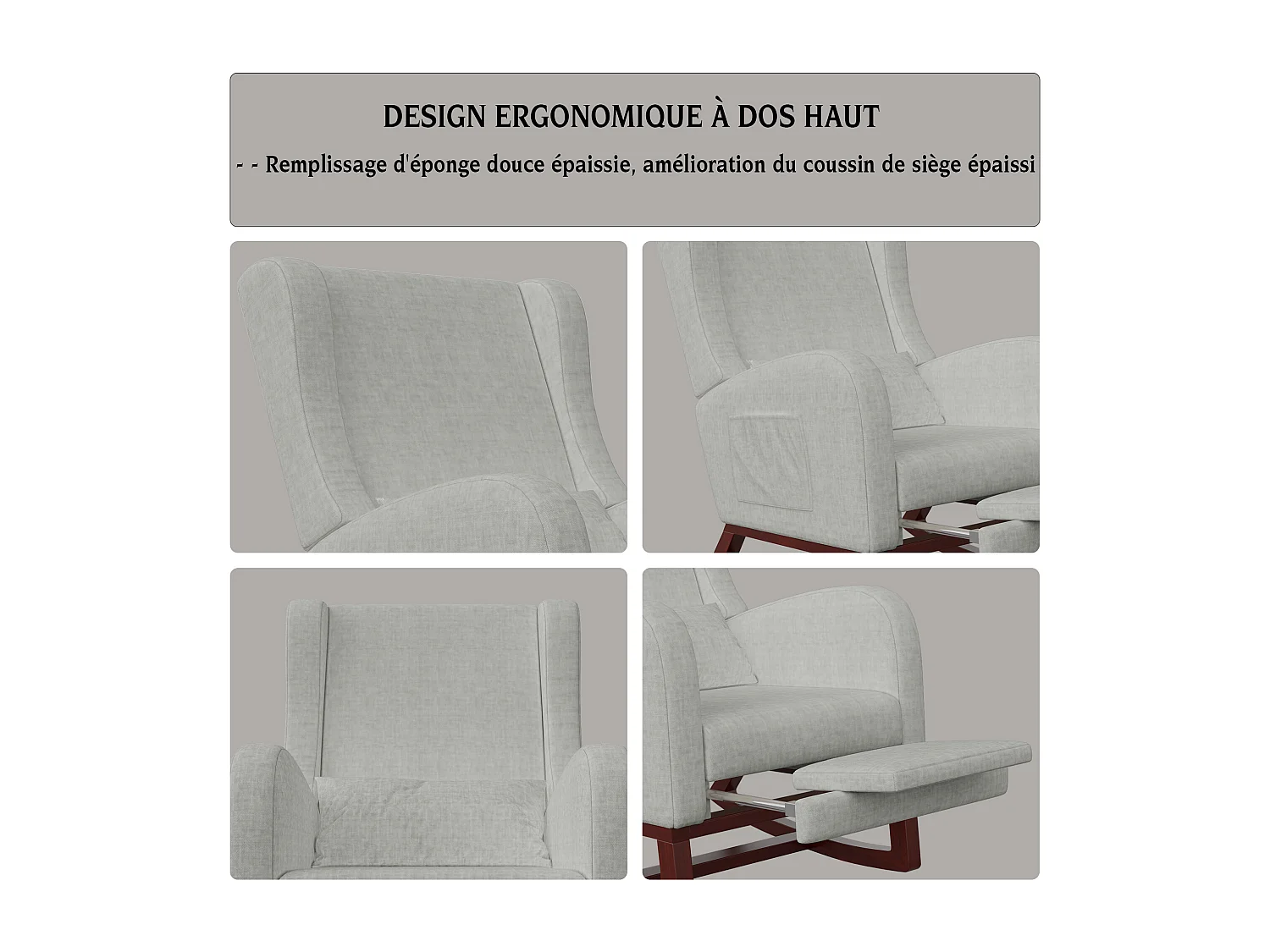 Gestoffeerde schommelstoel met hoge rugleuning, antislip houten poten en onderstel, grijs