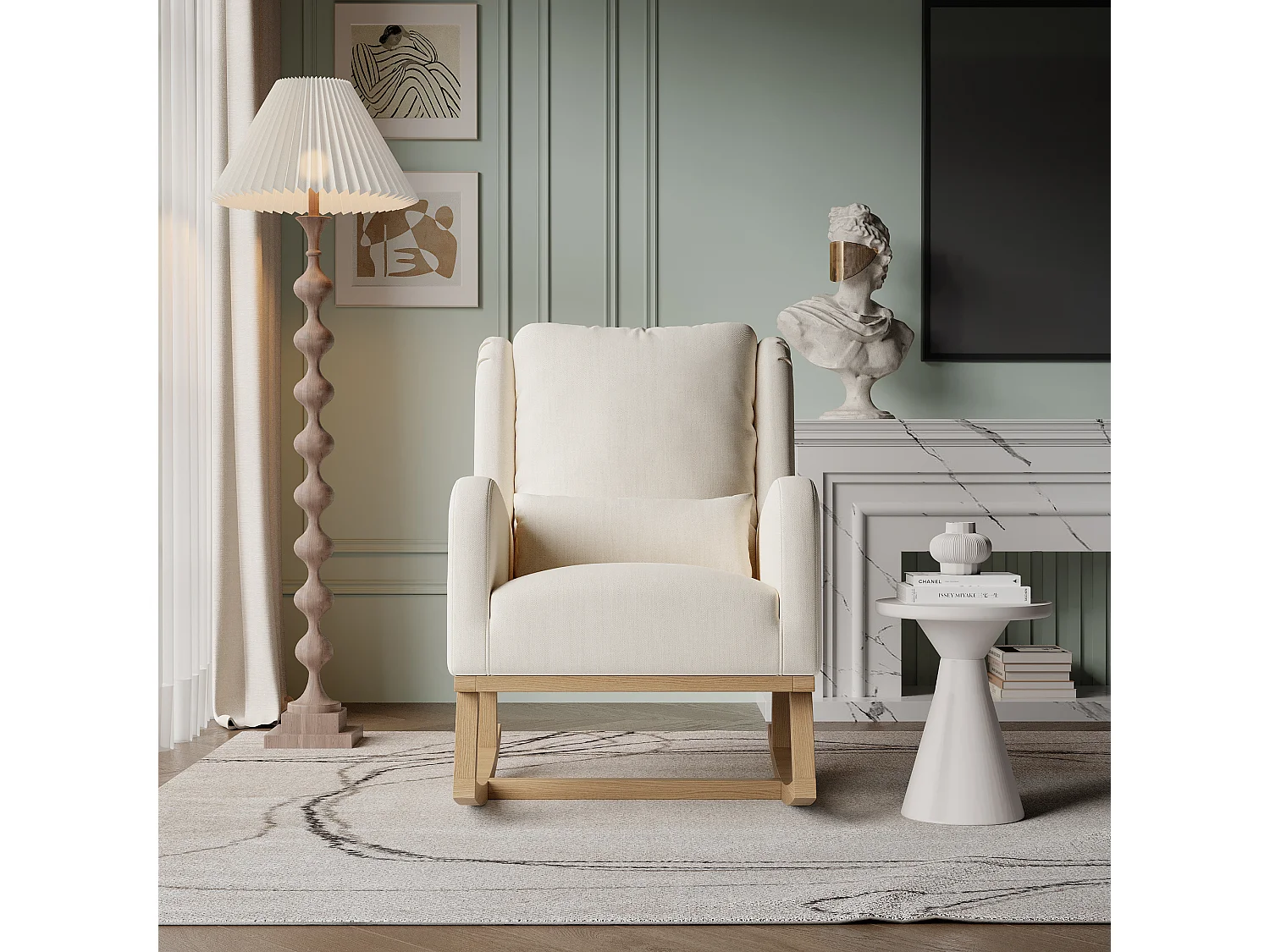 Fauteuil à Bascule, Fauteuil de Salon avec Coussin Rembourré, Poche Latérale et Accoudoirs,Lin,Beige