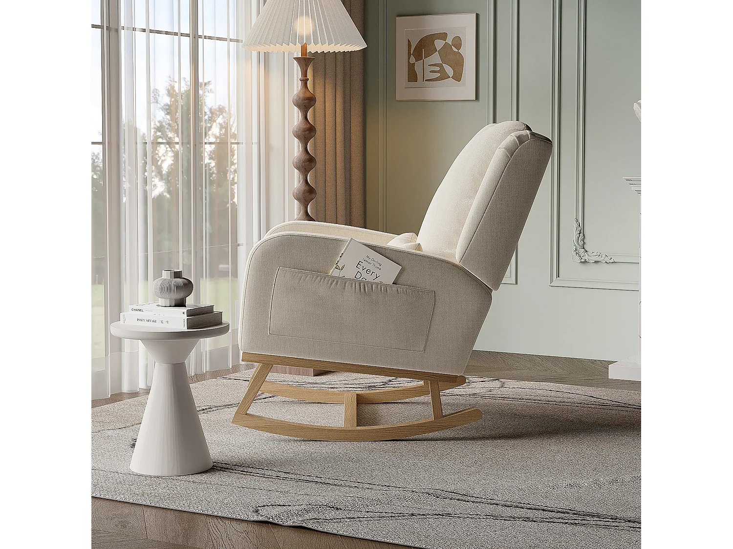Fauteuil à Bascule, Fauteuil de Salon avec Coussin Rembourré, Poche Latérale et Accoudoirs,Lin,Beige
