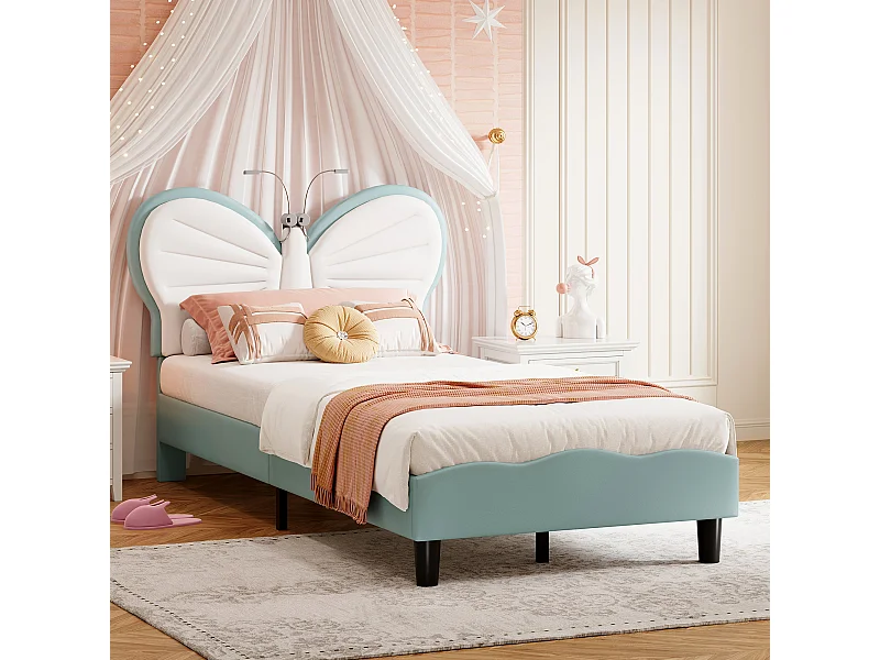 Letto per bambini 90x200 cm, con LED, Struttura letto imbottita con rete a doghe, Velluto, Blu