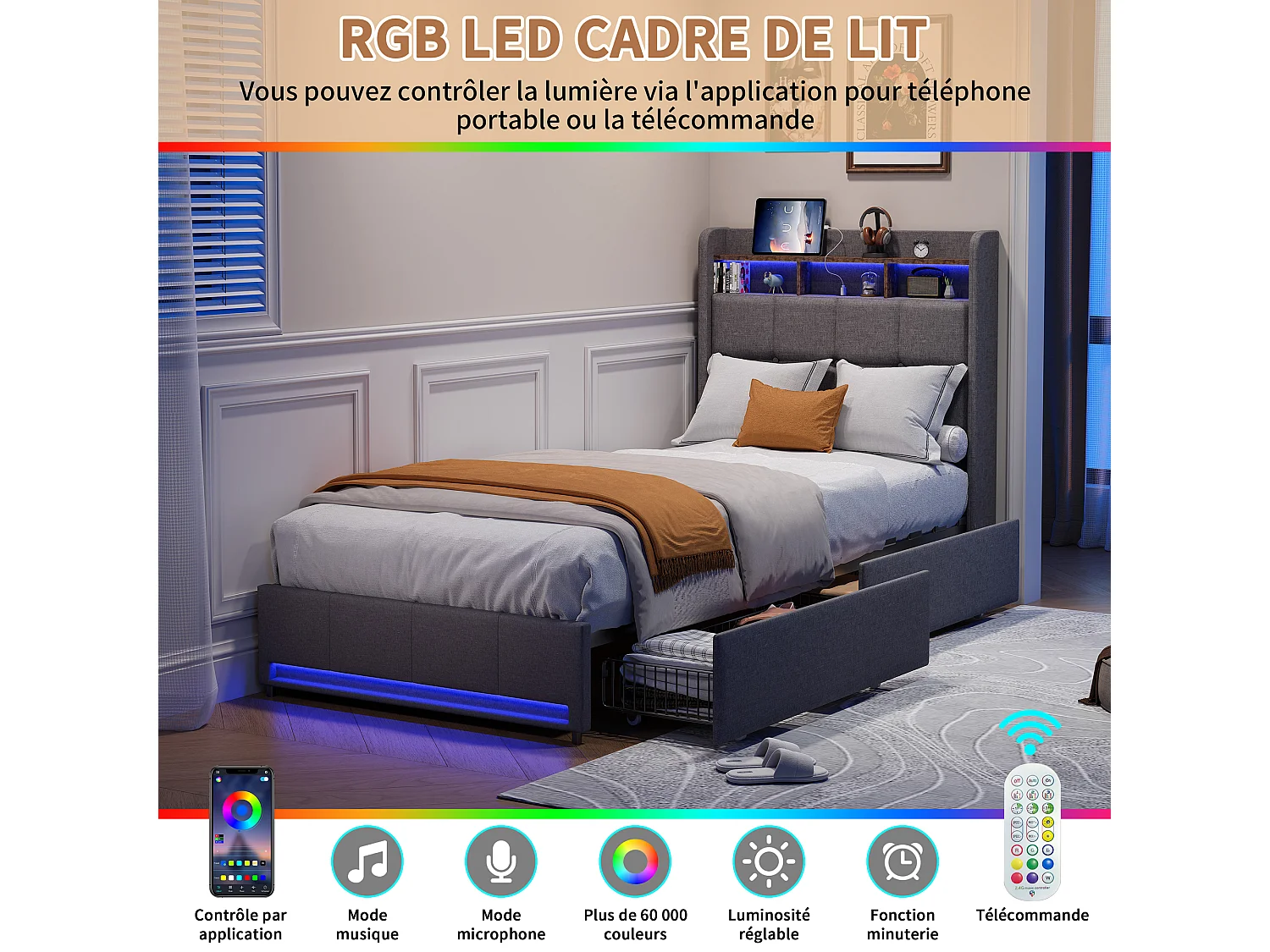 Gepolstertes Bett, 90 x 200 cm, mit USB-Anschluss, Lattenrost und 2 Schubladen, mit LED-Beleuchtung, Leinen, grau