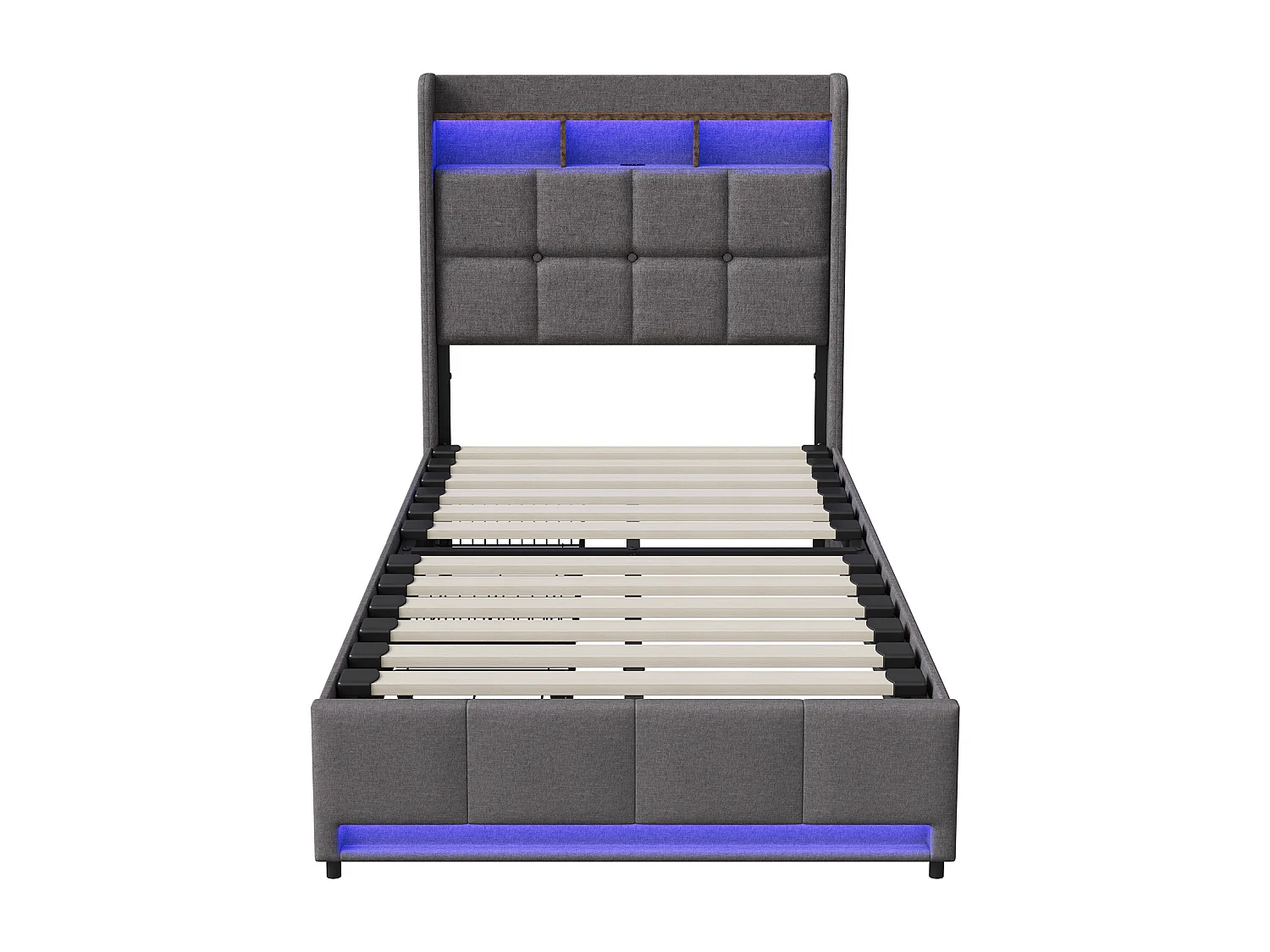 Gepolstertes Bett, 90 x 200 cm, mit USB-Anschluss, Lattenrost und 2 Schubladen, mit LED-Beleuchtung, Leinen, grau