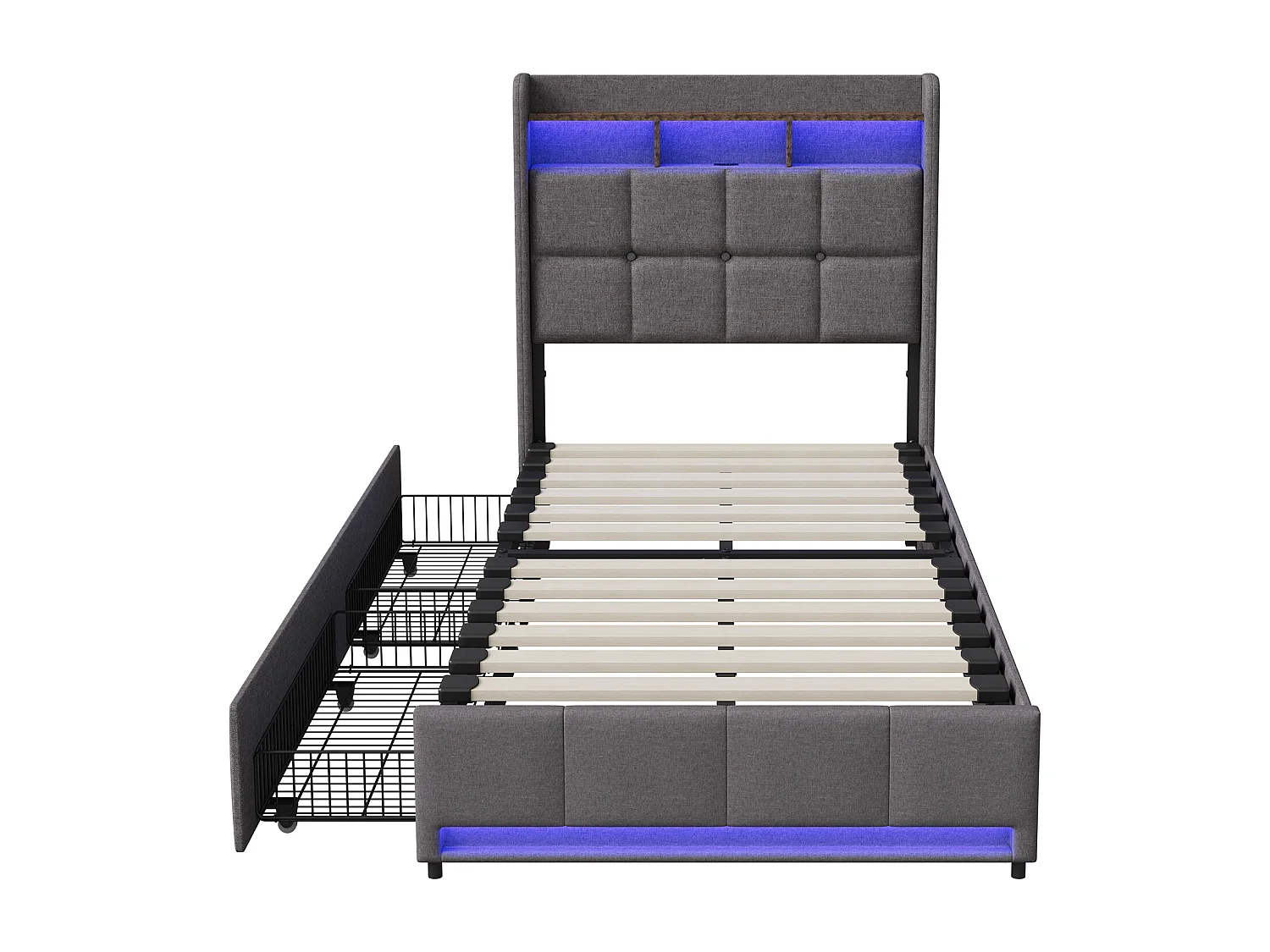 Gepolstertes Bett, 90 x 200 cm, mit USB-Anschluss, Lattenrost und 2 Schubladen, mit LED-Beleuchtung, Leinen, grau