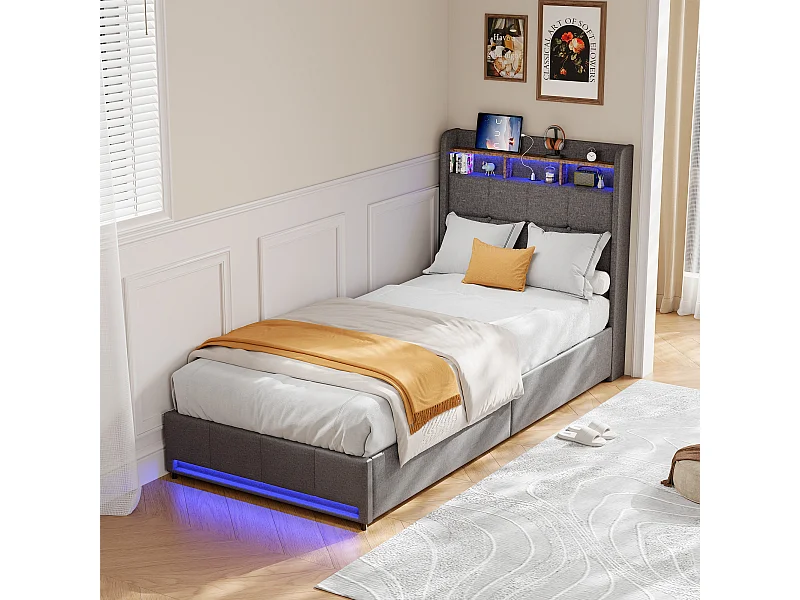Gepolstertes Bett, 90 x 200 cm, mit USB-Anschluss, Lattenrost und 2 Schubladen, mit LED-Beleuchtung, Leinen, grau