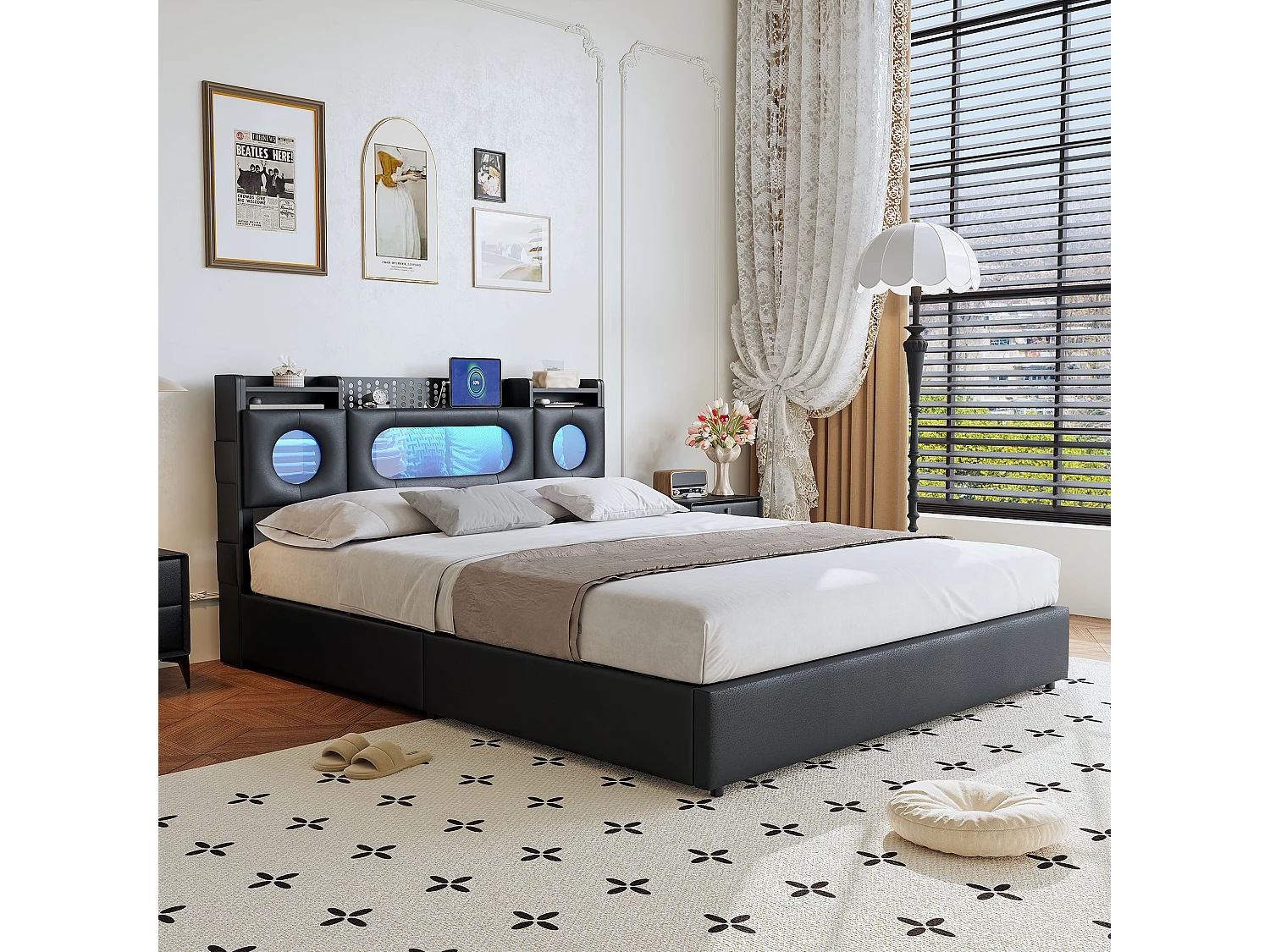 Letto 140x200 con rete a doghe LED, contenitore per la testiera e porta USB, finestra in acrilico, PU, nero