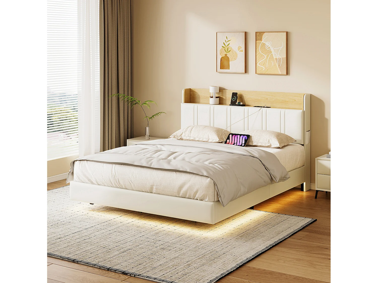 Letto sospeso 160x200 cm, letto matrimoniale imbottito con rete a doghe, illuminazione a LED e ricarica USB, PU, bianco
