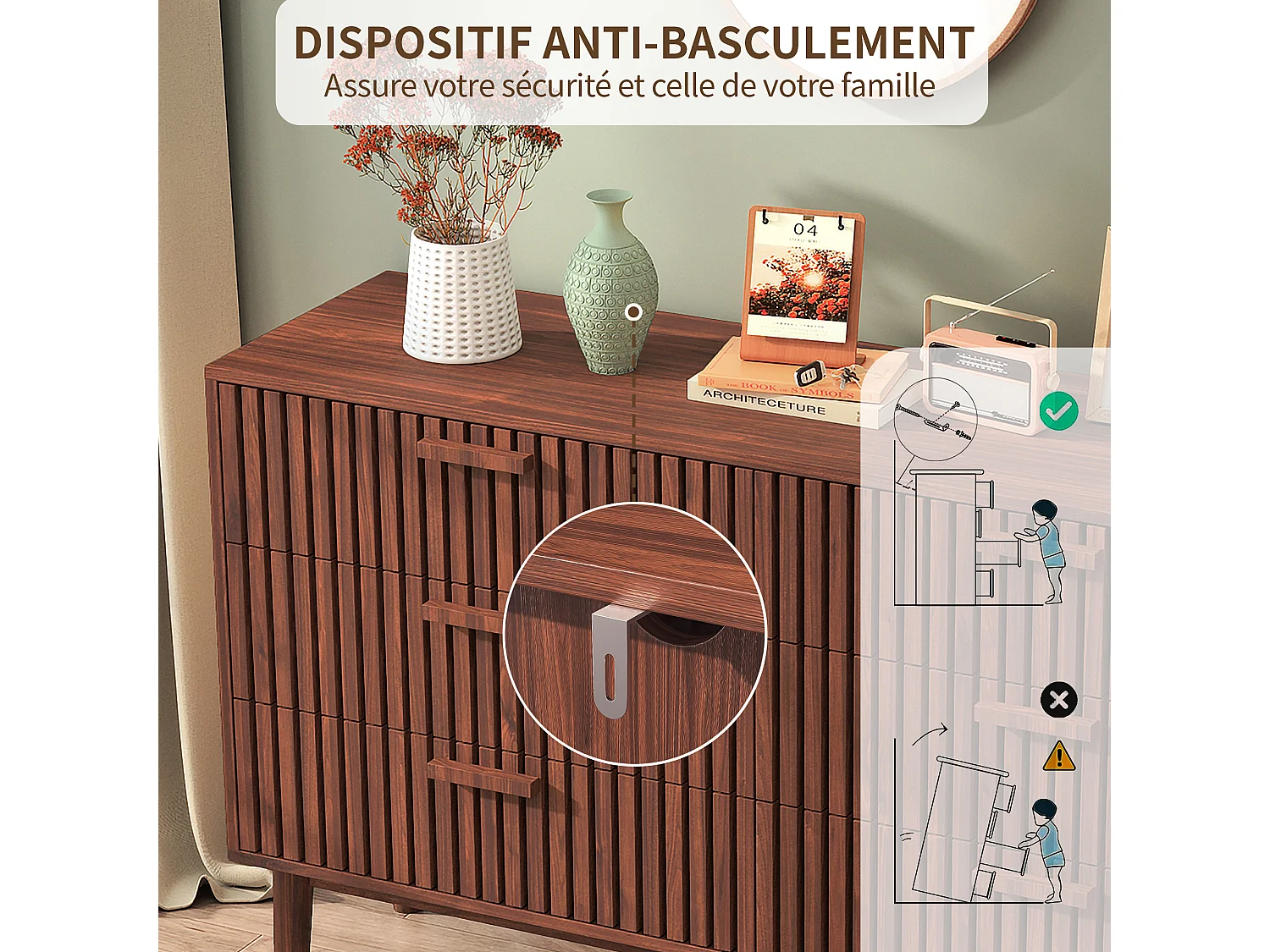 Commode en Bois Meuble de Tiroirs Rangement pour Chambre à Coucher, Salon,100 x 34 x 73 cm