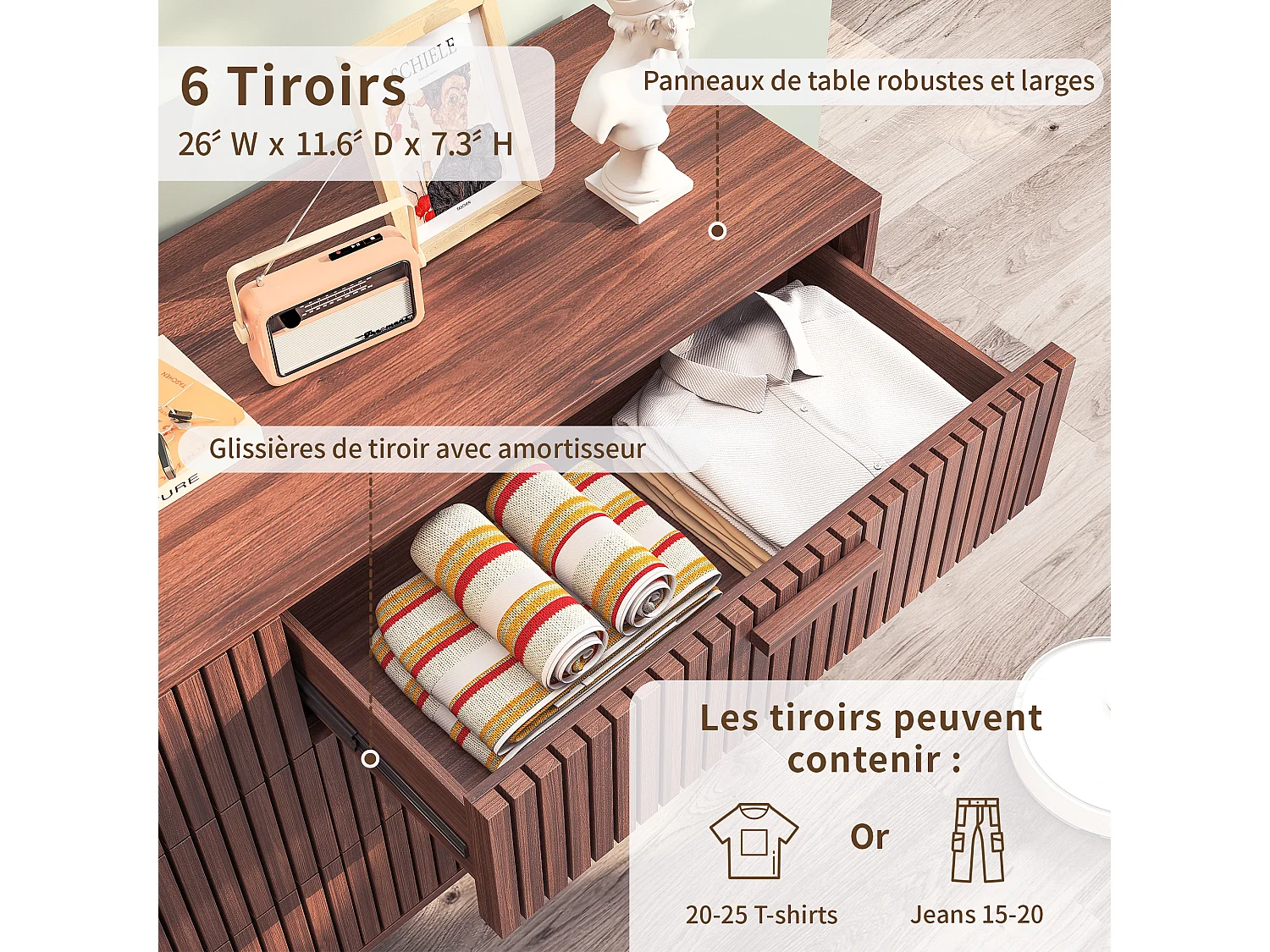 Commode en Bois Meuble de Tiroirs Rangement pour Chambre à Coucher, Salon,100 x 34 x 73 cm