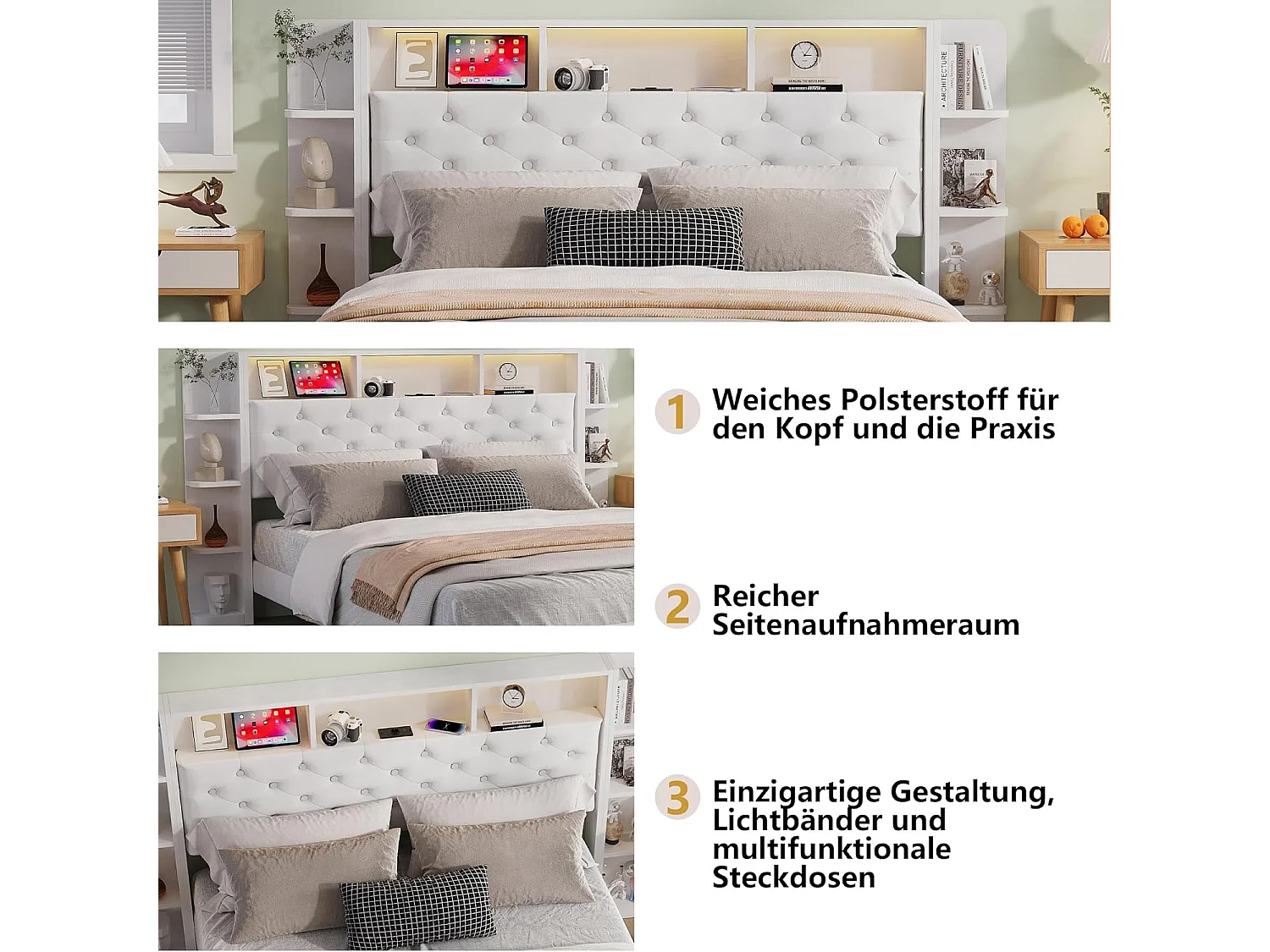 Lit 160x200 cm avec 2 Tiroirs, Lit Capitonné avec LED Réglable, USB, Rangement, Velours, Blanc